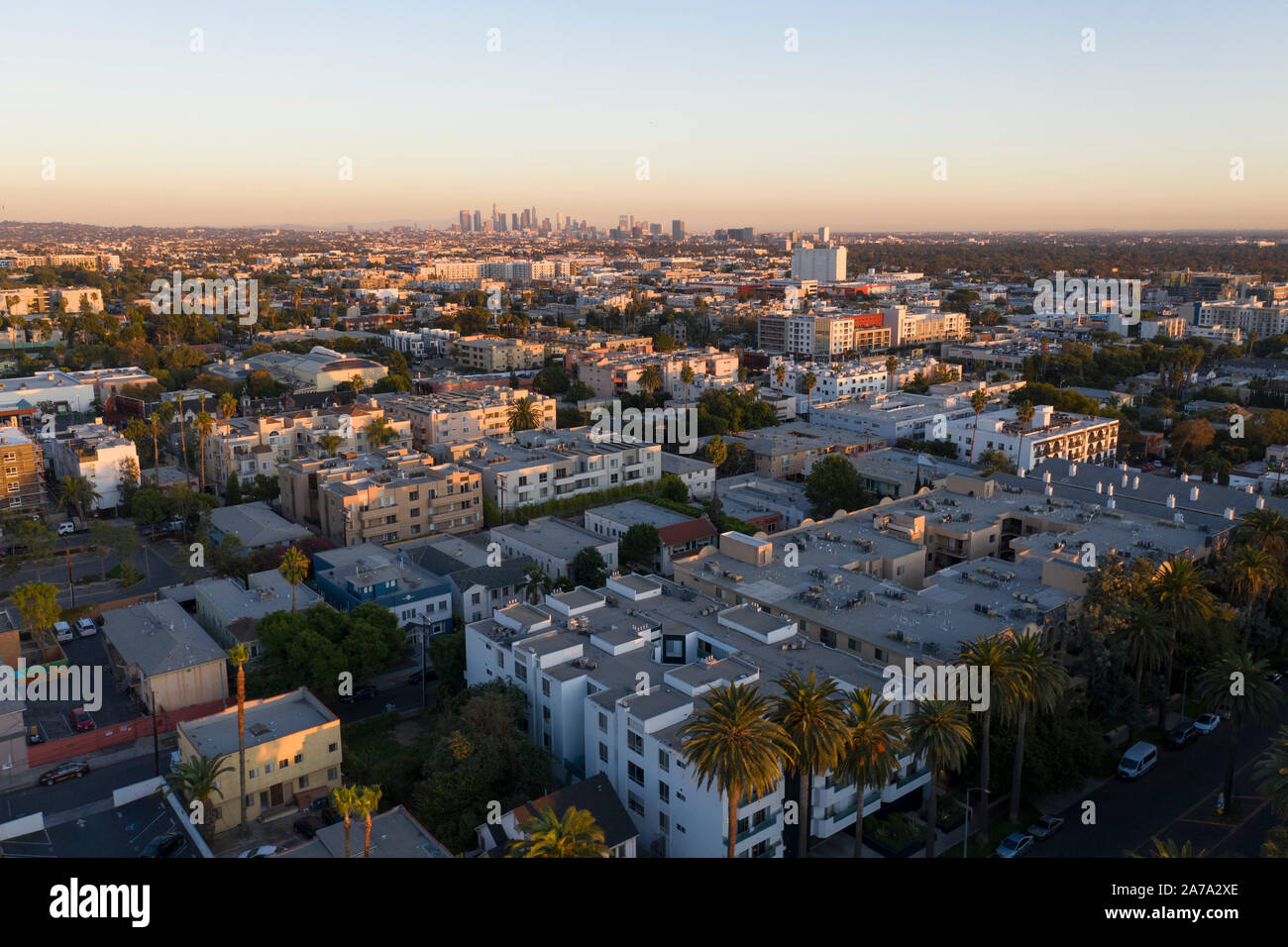 Vues aériennes de Hollywood, Californie au coucher du soleil Banque D'Images