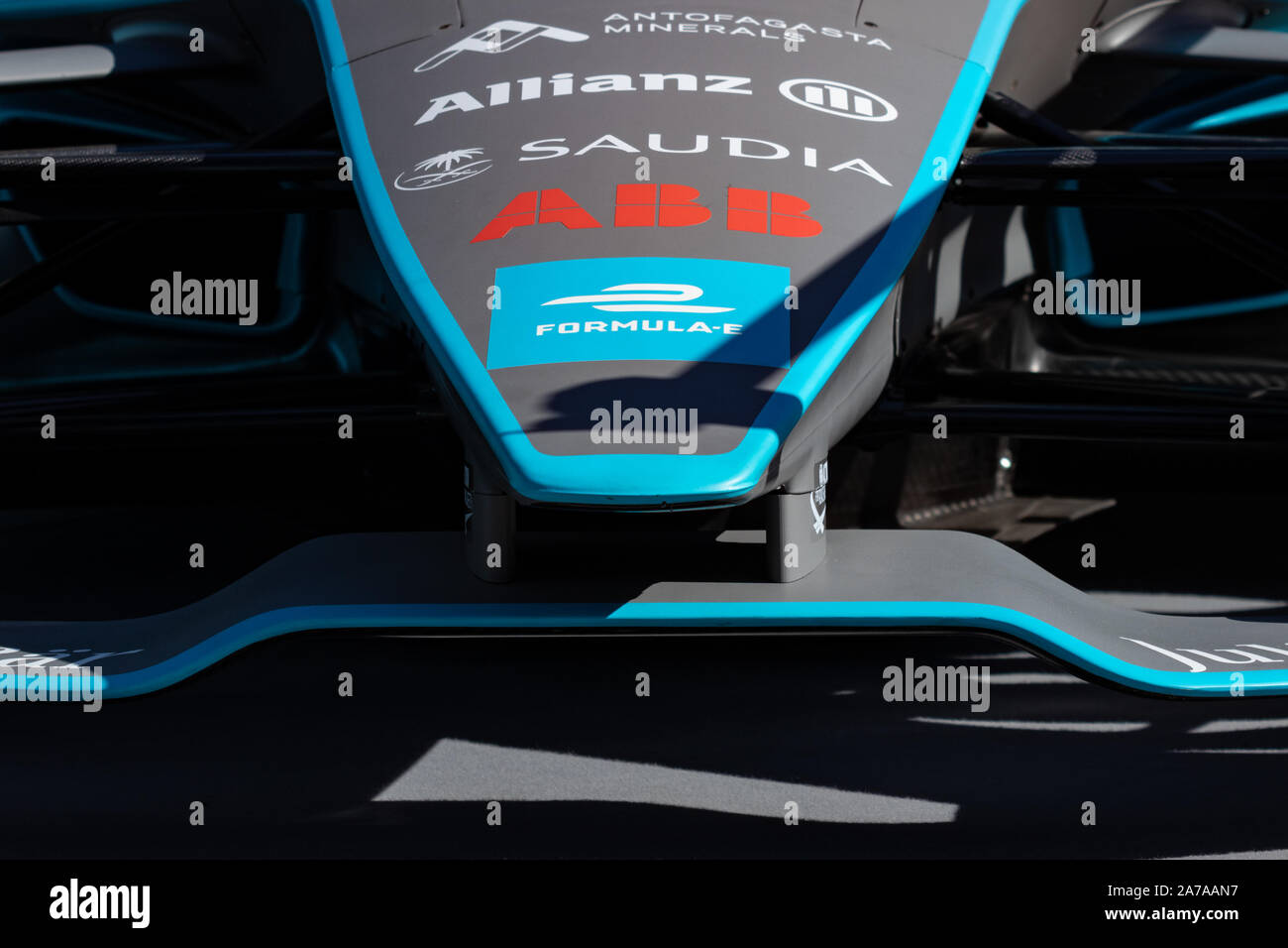 Rome, Italie, le 30 mars 2019. E-Prix E. Détails de voiture de course électrique vitesse hihg, carbone et fibre de verre textures, peinture bleu. Sports extrêmes. Banque D'Images