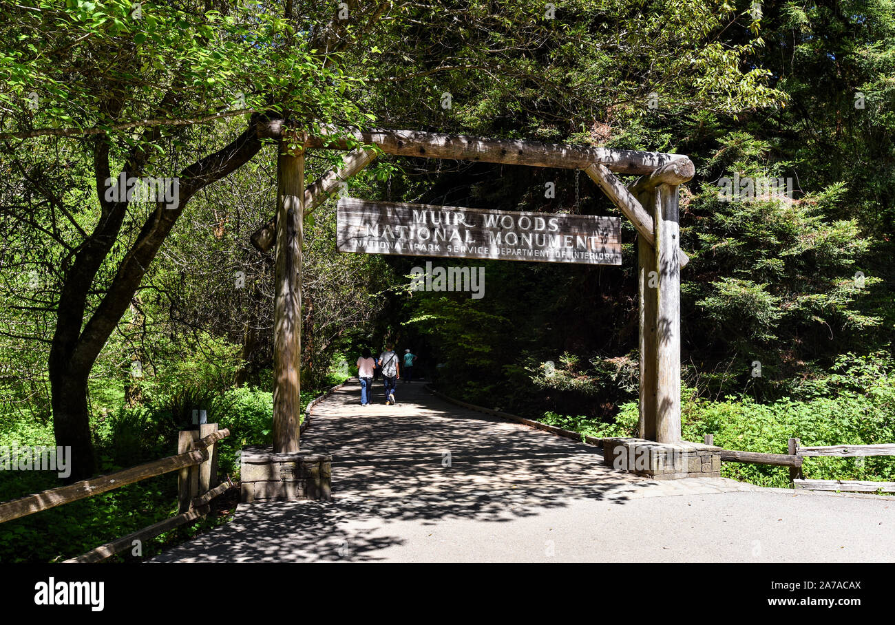 Panneau d'entrée de Muir Woods National Monument, un parc proche de San Francisco bien connu pour son magnifique littoral une vieille forêt de redwood. Banque D'Images