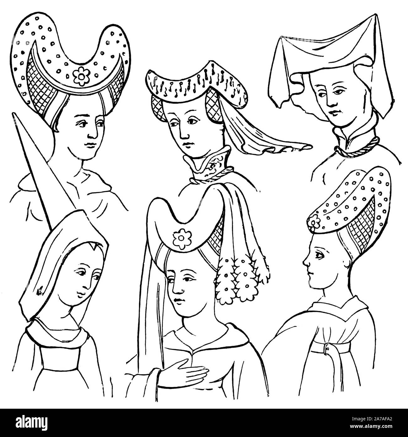 Exemples de coiffures de l'époque médiévale. Banque D'Images