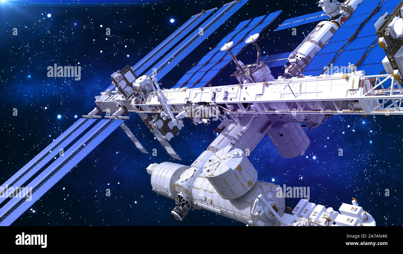 Station spatiale, chaînes avec panneaux solaires, base de l'espace dans  l'univers, gros plan, rendu 3D Photo Stock - Alamy