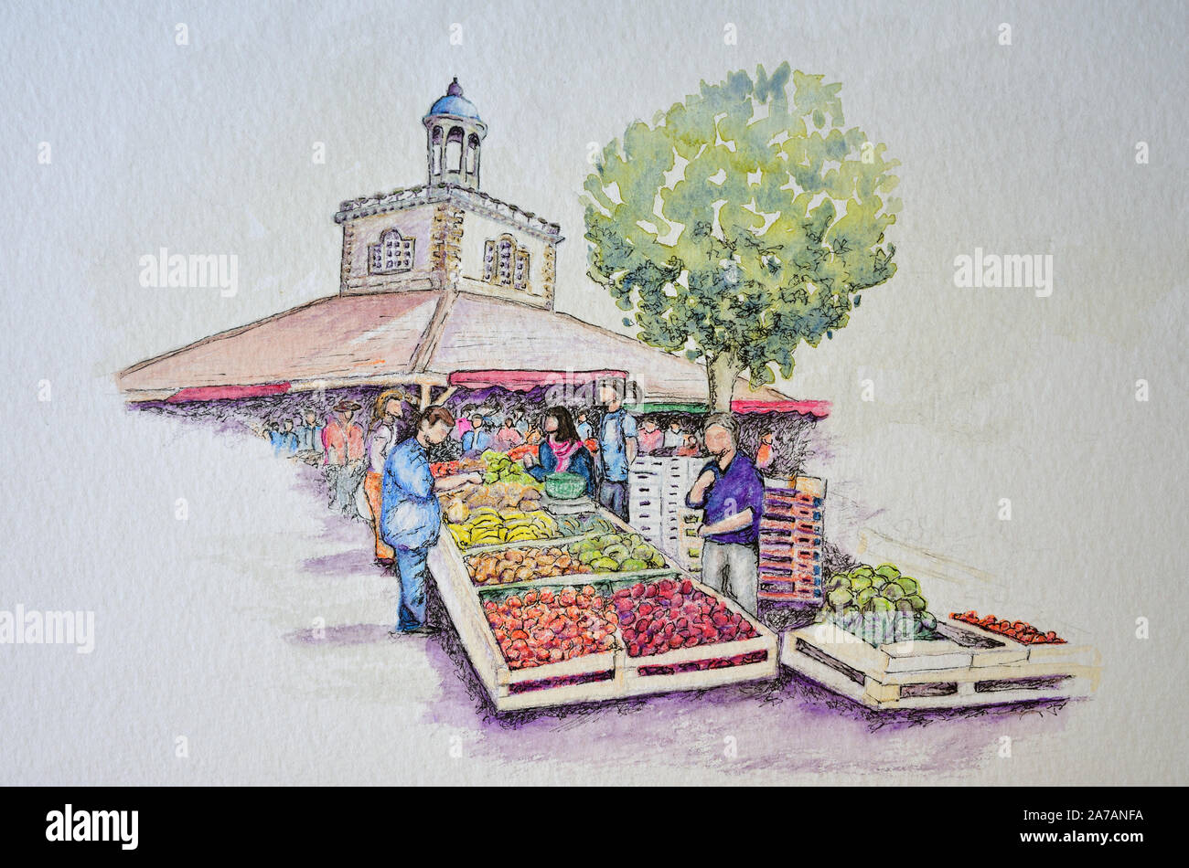 Revel Marché Couvert marché de fruits et de construction à l'encre et aquarelle. Banque D'Images