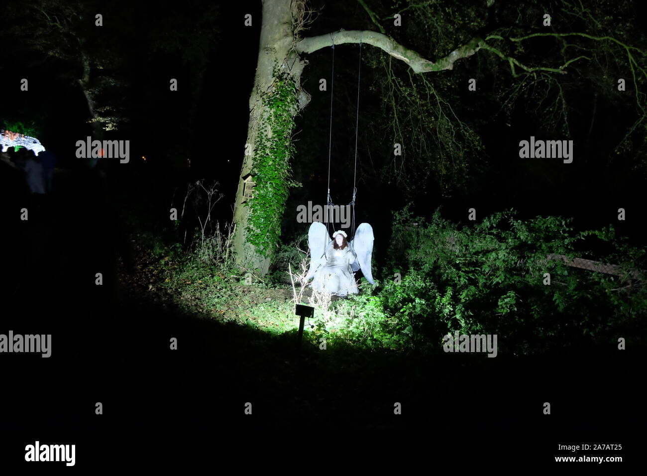 Un wonam fantomatique sur une balançoire à Wicked Woods événement Halloween, Waterford, Irlande Banque D'Images