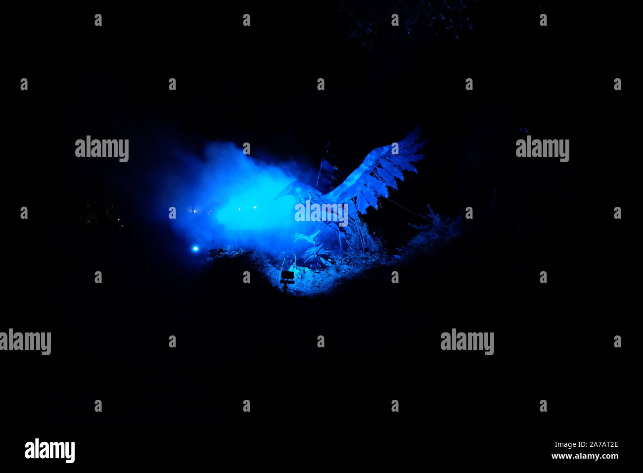 Un oiseau bleu allumé lors de l'événement Halloween Wicked Woods, Waterford, Irlande Banque D'Images