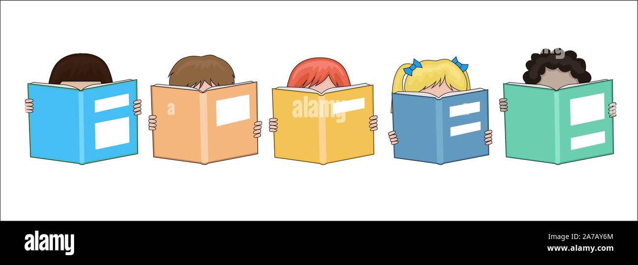 Heureux les enfants de l'école grande lecture livres dans leurs mains cartoon - concept de l'éducation Illustration de Vecteur