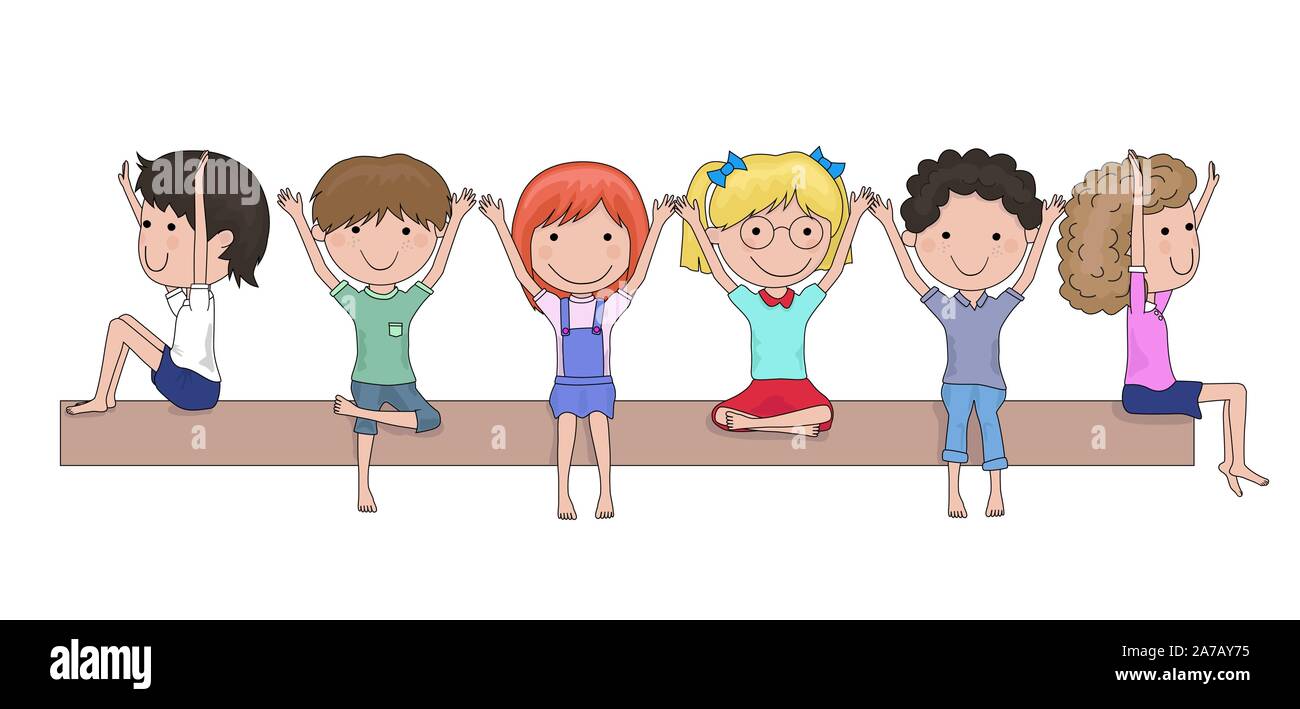 Heureux les enfants de l'école se réjouir avec leurs bras levés cartoon - regroupées facile à modifier Illustration de Vecteur