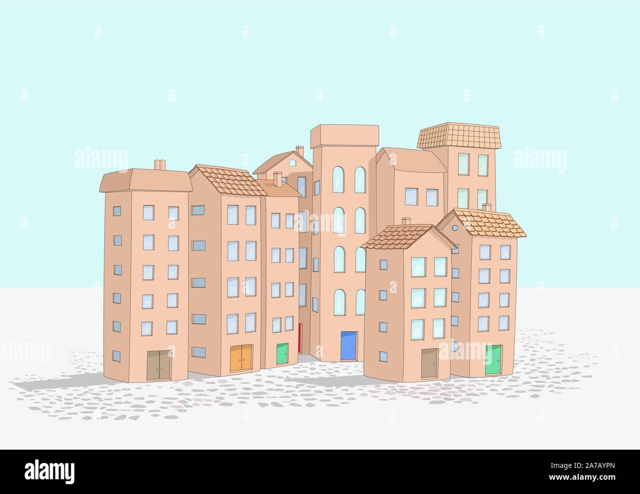 Stuc brun village méditerranéen, avec ses hautes maisons et l'hôtel - vector regroupés et facile à éditer Illustration de Vecteur