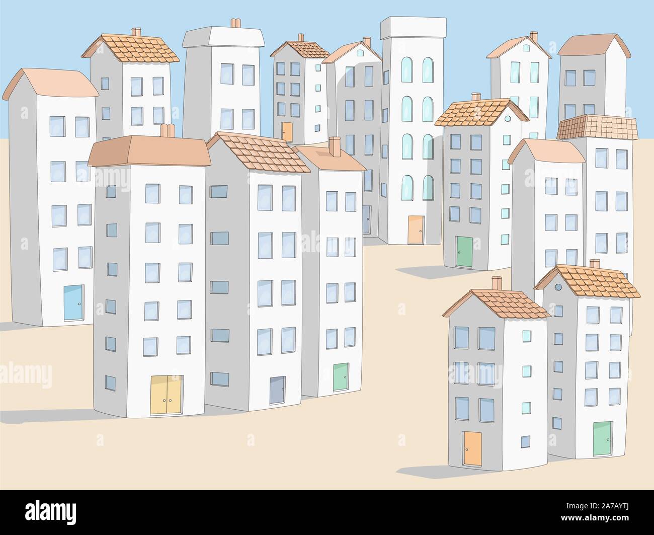 Village méditerranéen en stuc blanc de maisons hautes et d'hôtel - vector regroupés et facile à éditer Illustration de Vecteur