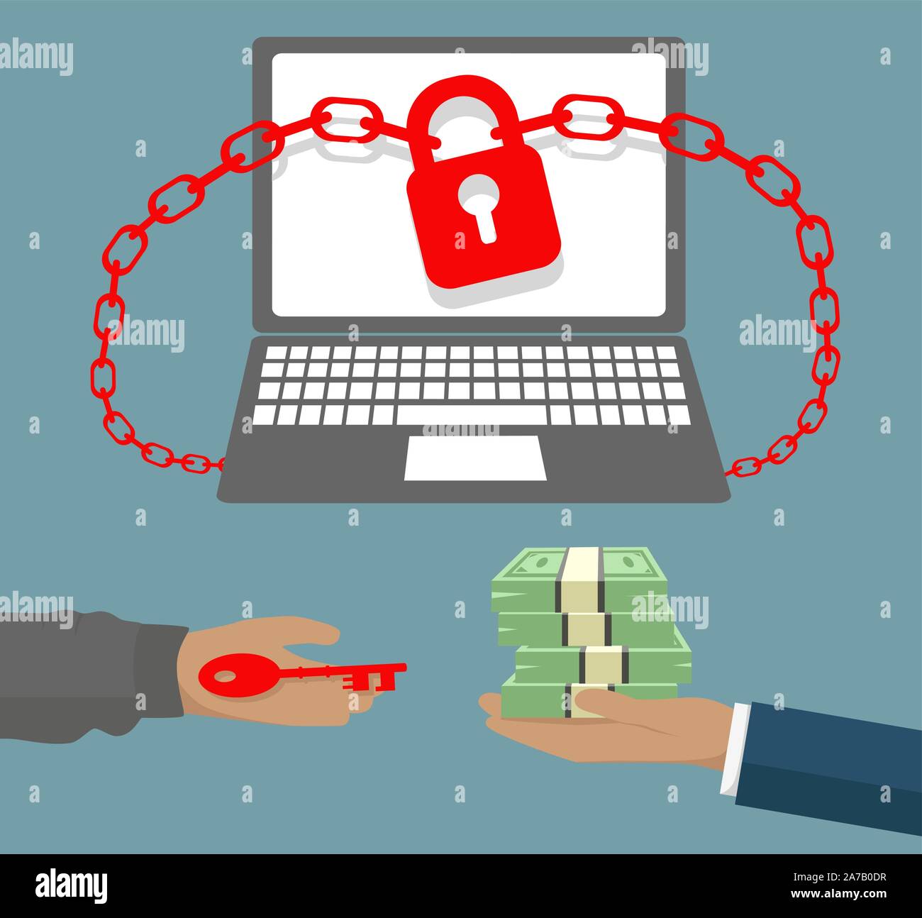 Ransomware verrouillé virus ordinateur business with Hand holding billets et clé pour cadenas - concept de scam Illustration de Vecteur