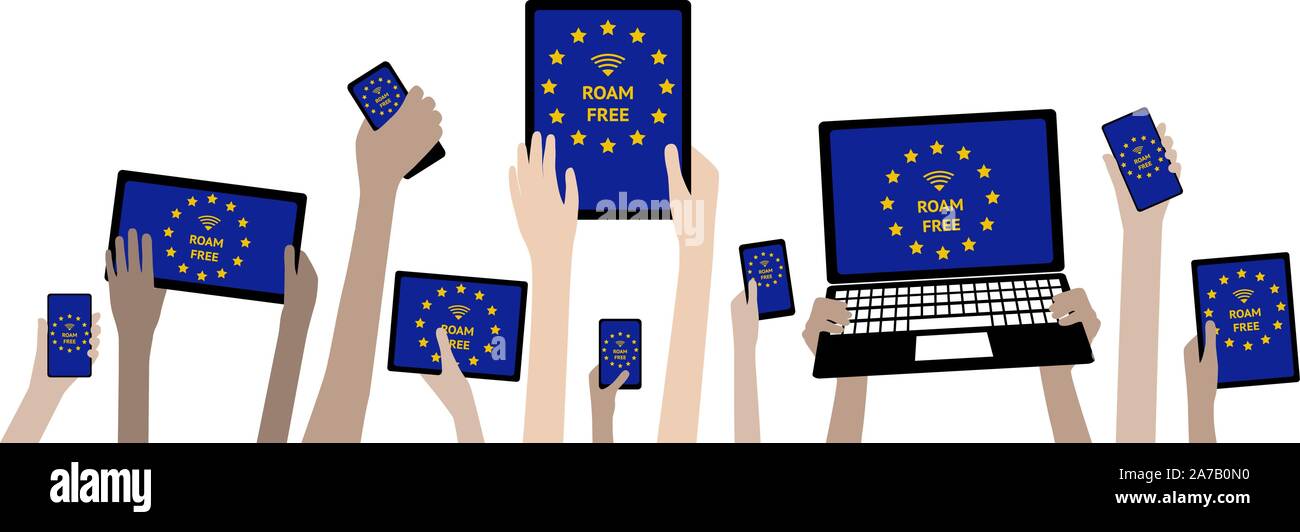Avec l'Union européenne Les dispositifs mains errent connexion Wi-Fi gratuite avec des étoiles - tourist travel concept Illustration de Vecteur