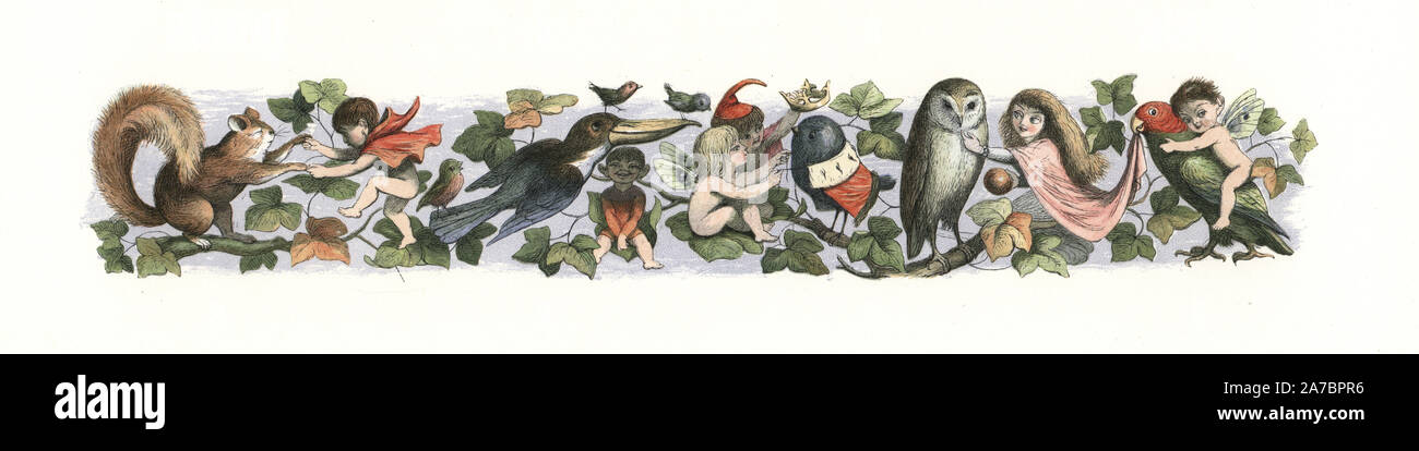 Elf Fairy et enfants jouant dans les jeux avec Fairyland hiboux, des perroquets, des écureuils. Gravure sur bois coloriée par Edmund Evans après une illustration par Richard Doyle de in Fairyland, une série de photos de l'Elfe Monde, Longman, Londres, 1870. Banque D'Images