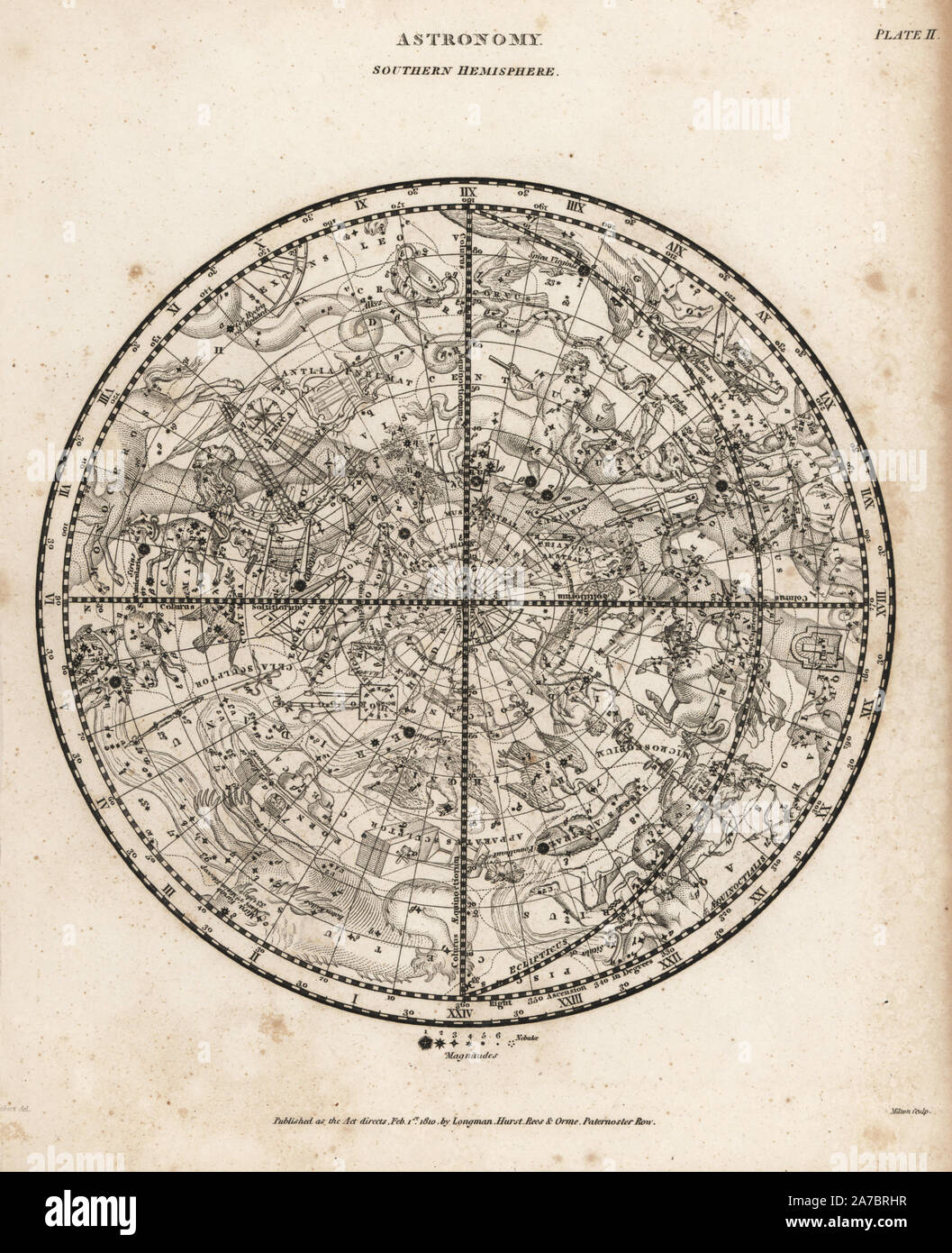 Tableau astronomique de l'hémisphère Sud. La gravure sur cuivre par Milton D'après un dessin de L. Hebert d'Abraham Rees' Cyclopedia ou Dictionnaire Universel des Sciences, des arts et de la littérature, Longman, Hurst, Rees, Orme et Brown, Londres, 1820. Banque D'Images