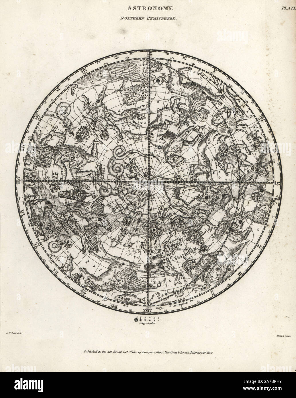 Tableau astronomique de l'hémisphère Nord. La gravure sur cuivre par Milton D'après un dessin de L. Hebert d'Abraham Rees' Cyclopedia ou Dictionnaire Universel des Sciences, des arts et de la littérature, Longman, Hurst, Rees, Orme et Brown, Londres, 1820. Banque D'Images