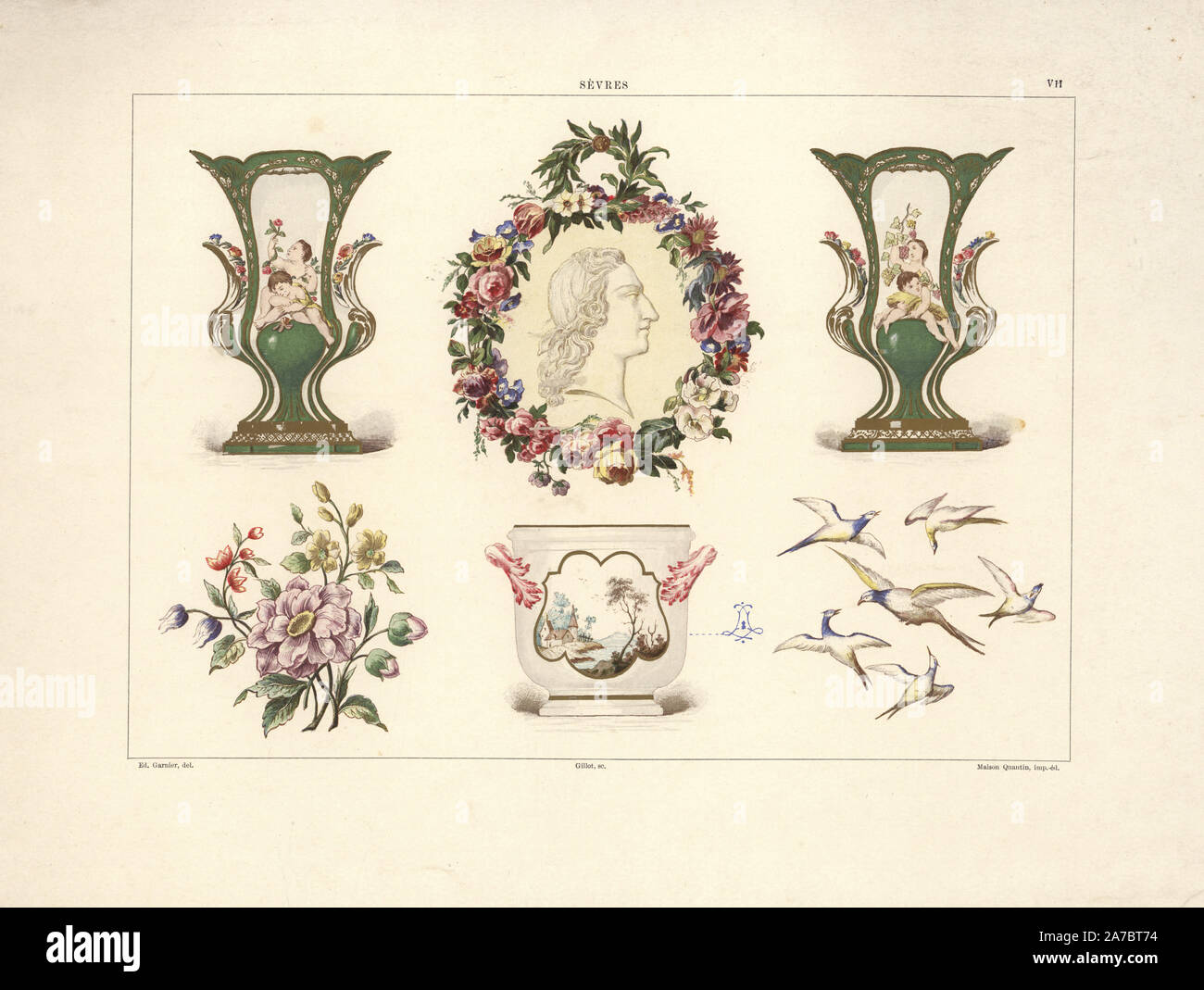 Début de Sevres ware : Printemps vase, portrait de Louis XV sur une plaque, un vase d'automne, fleurs peint par un artiste de l'émail sur une plaque, 1753, et d'oiseaux à partir d'un échantillon d'une plaque. Chromolithographie par Gillot d'une illustration par Edouard Garnier de la pâte tendre de la porcelaine de Sèvres, Maison Quantin, Paris, 1891. Banque D'Images