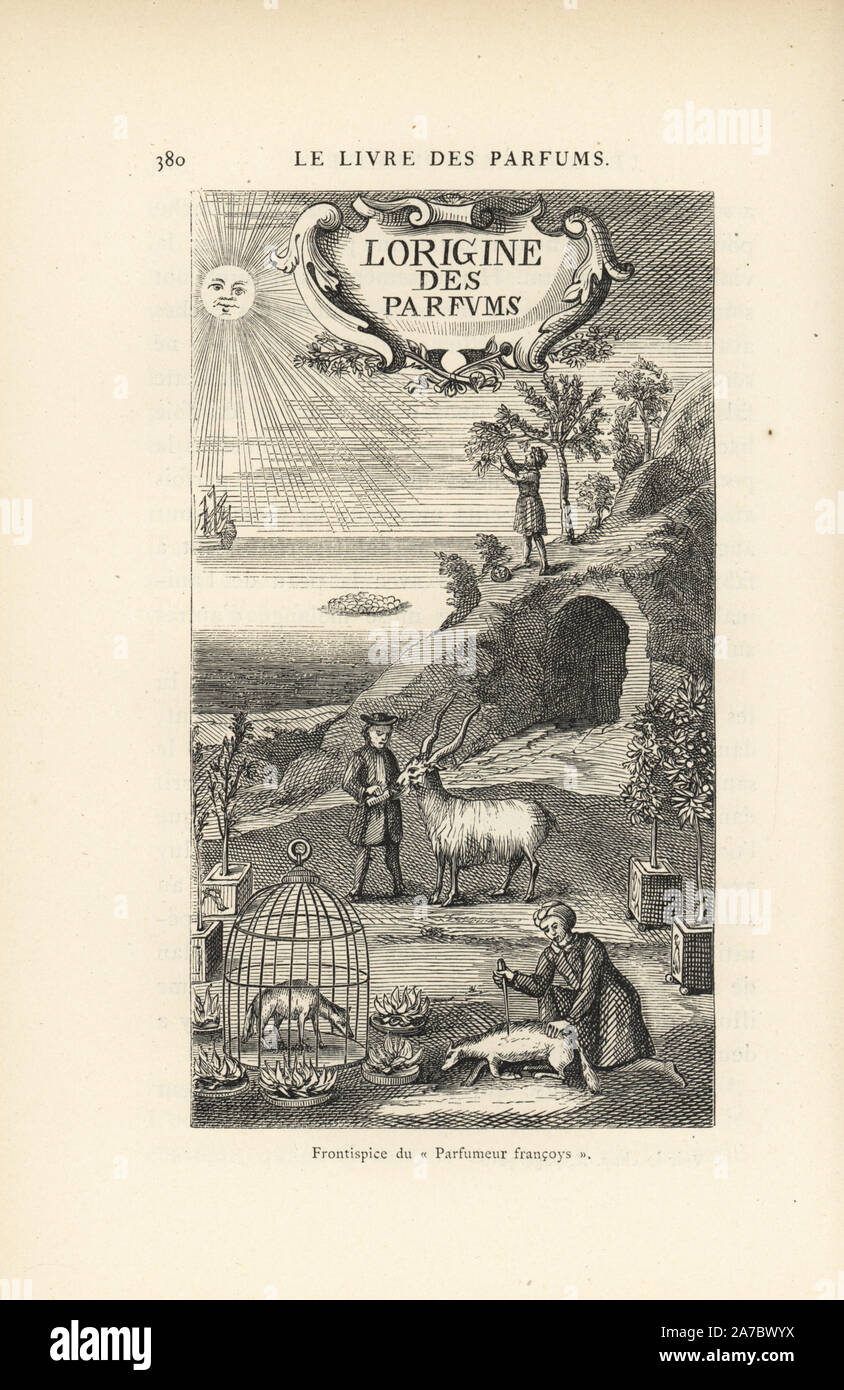 Frontispice d'une parfumerie française livre, Barbe l'origine des parfums,  montrant le fonctionnement d'un barbare, piquer le cerf porte-musc pour  obtenir son sang. Lithographie d'Eugène Rimmel, Le Livre des parfums,  Paris, 1870 Photo