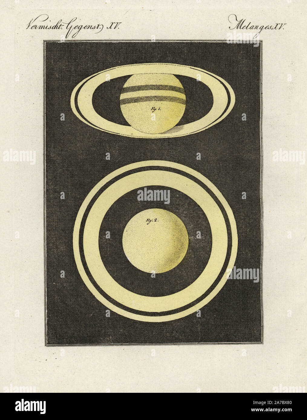 Planète Saturne avec ses 7 joints toriques. Coloriée à la gravure sur cuivre de Bertuch's 'Bilderbuch fur Kinder" (Livre d'images pour les enfants), Weimar, 1798. Johann Friedrich Bertuch (1747-1822) était un éditeur allemand et l'homme des arts le plus célèbre pour son encyclopédie 12 volumes pour les enfants illustrés de 1 200 plaques gravées sur l'histoire naturelle, de la science, le costume, la mythologie, etc., publiés à partir de 1790-1830. Banque D'Images