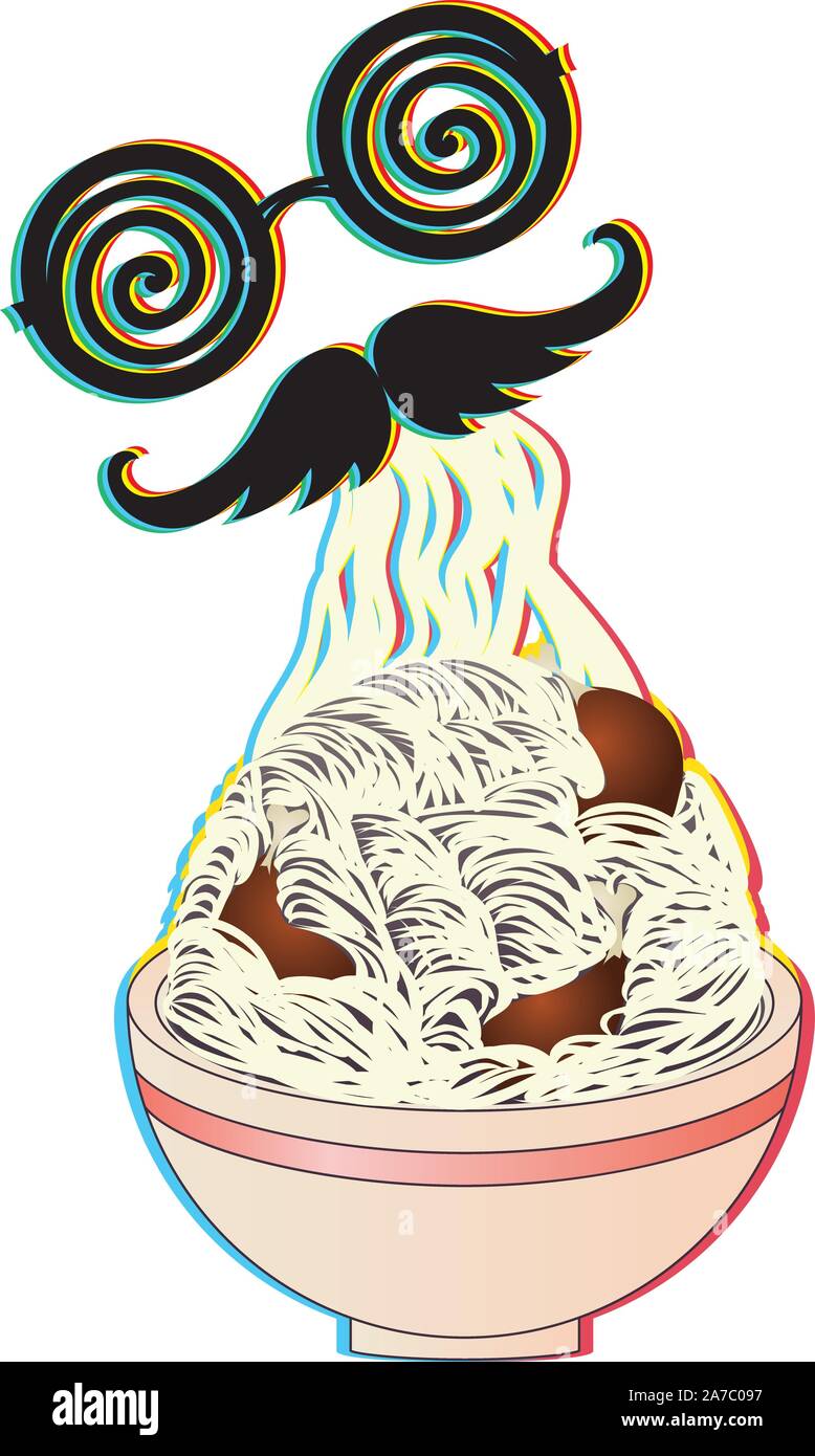 Mad Funny lunettes et moustache avec nouilles, bol de ramen au poulet. Illustration de Vecteur