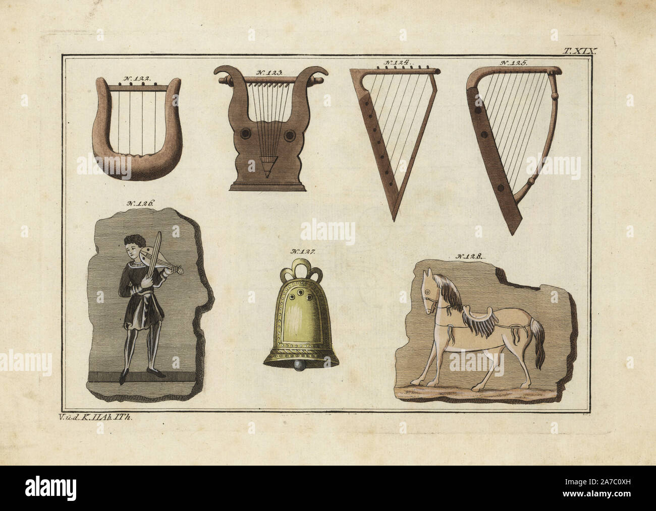 Anglo saxon lyres 122, 123, 124, 125, des harpes violon 126, bell 127 et cheval avec selle et bride 128. Coloriée à la gravure sur cuivre de Robert von Spalart's 'tableau Historique des costumes des principaux peuples de l'Antiquité et du Moyen Âge,' Chez Collignon, Metz, 1810. Banque D'Images