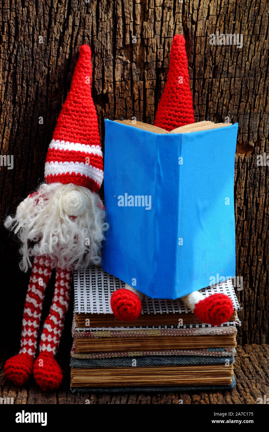 Deux gnome de laine rouge s'asseoir et occupé avec group Carnet fait à la main, joli ornement de Noël pour l'hiver décoration, drôle de barbe blanche longue rouge hat Banque D'Images