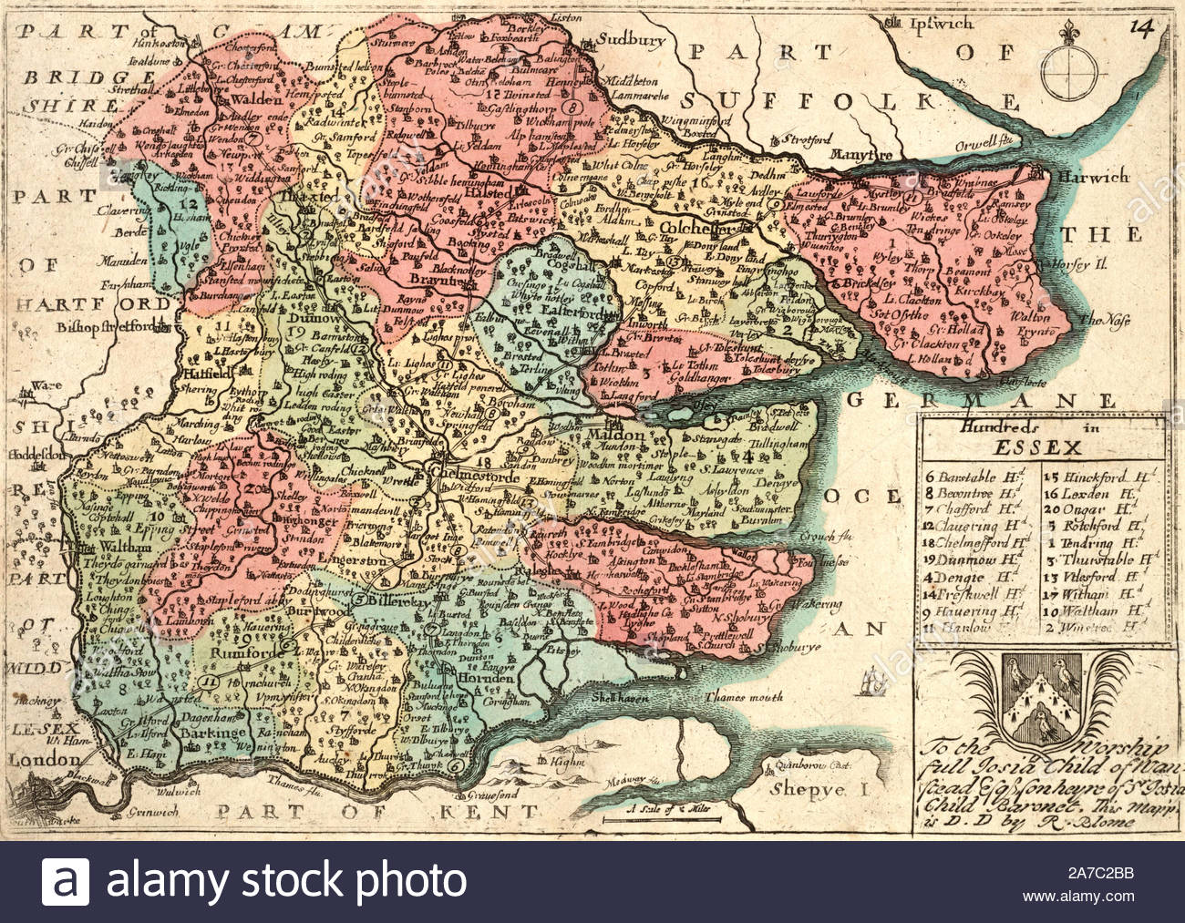 Vintage carte de l'Essex, gravure par Wenceslaus Hollar aquafortiste bohème à partir de 1600 Banque D'Images