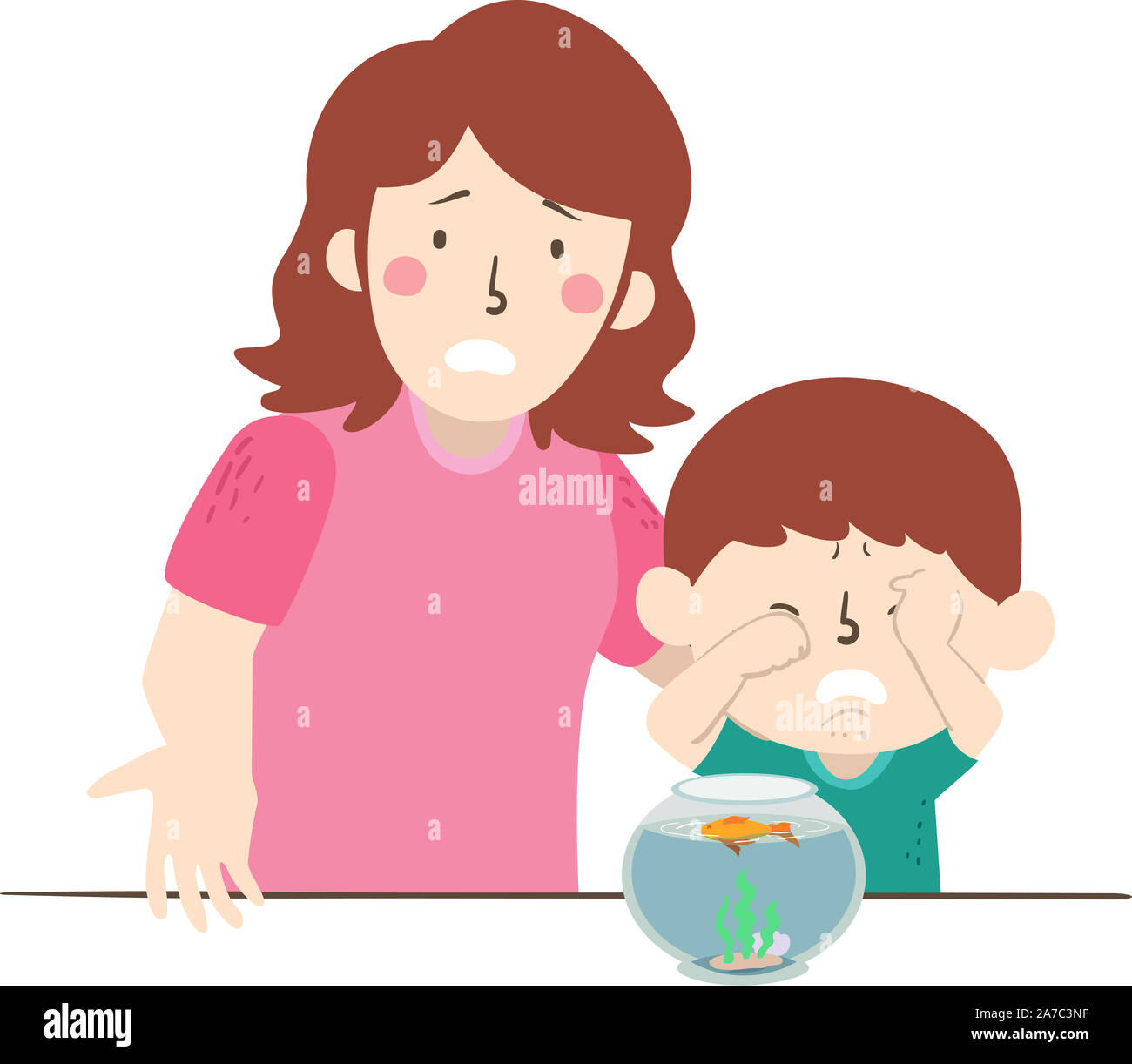 Illustration d'un enfant garçon pleurer sur son mort Animal Poisson avec sa maman l'expliquer Banque D'Images