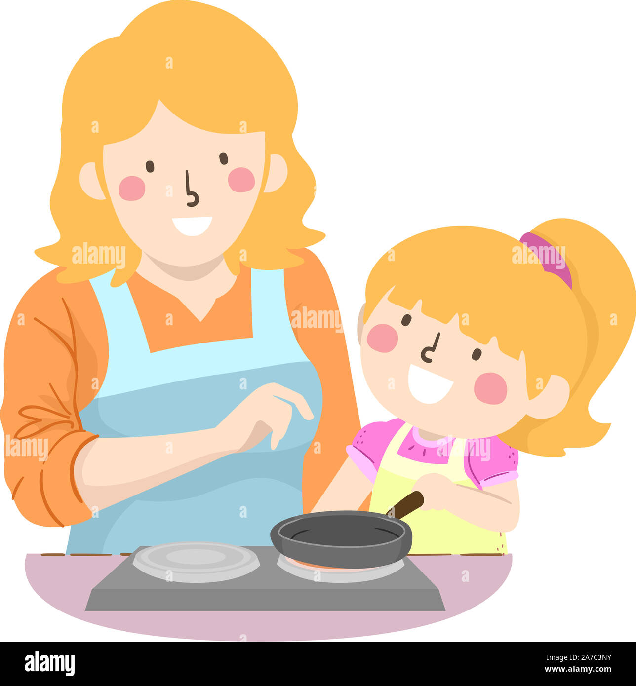 Illustration d'un enfant fille mère cuisiner avec son enseignant comment utiliser le poêle Banque D'Images