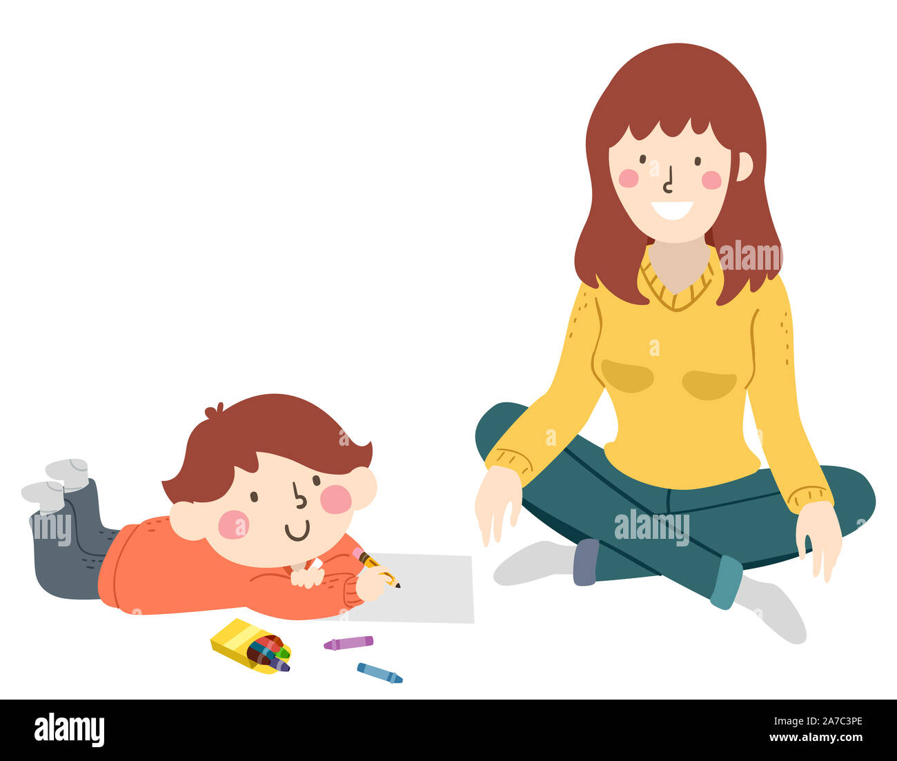 Illustration d'un enfant garçon couché la parole et le dessin sa mère avec son siège comme son modèle Banque D'Images