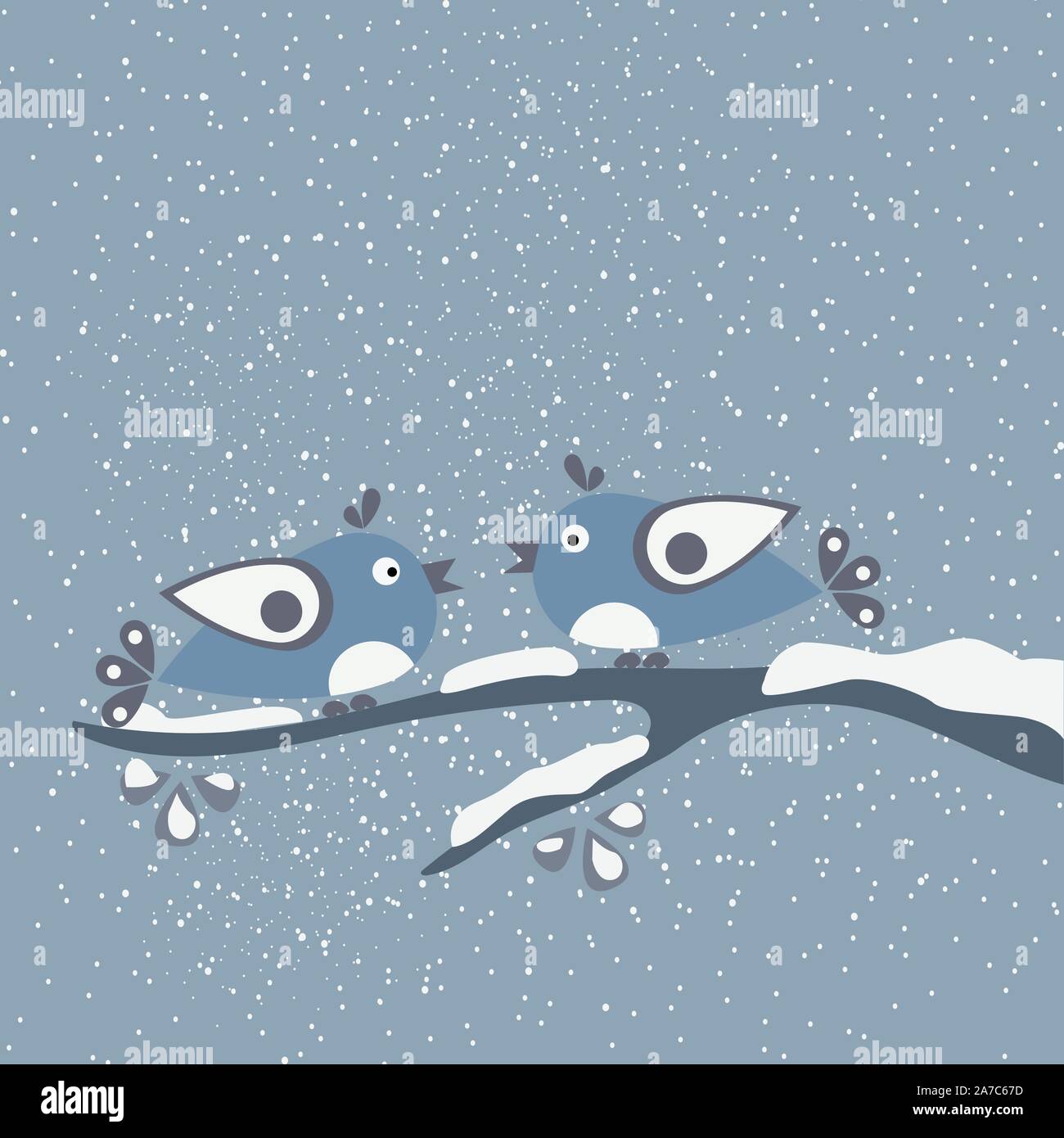 Les oiseaux d'hiver mignon tweeting sur une branche d'arbre couvert de neige. Première Neige. Vector Illustration Illustration de Vecteur