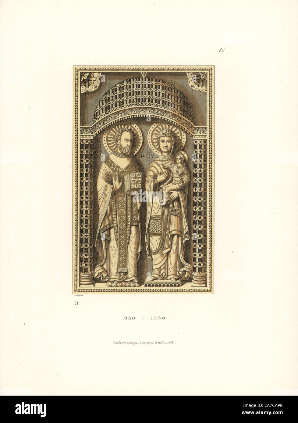 Sculpture en ivoire de Marie, l'enfant Jésus et Saint Nicolas sur le capot avant d'un codex d'Évangiles de 950-1050 à Würzburg cathédrale. Chromolithographie de Hefner-Alteneck's 'Costumes, Œuvres et appareils du Moyen-Âge au 17ème siècle", Francfort, 1879. Illustration par C. Regnier et publié par Heinrich Keller. Hefner-Alteneck (1811 - 1903), était un conservateur de musée, archéologue, historien de l'art, illustrateur et graveur. Banque D'Images