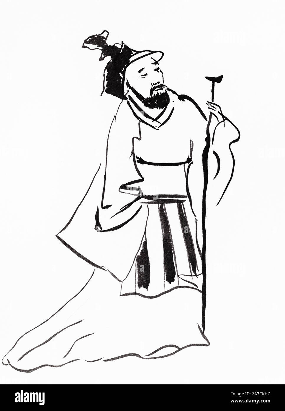 Ancien propriétaire chinois dans la main style sumi-e par l'encre noire sur du papier blanc Banque D'Images