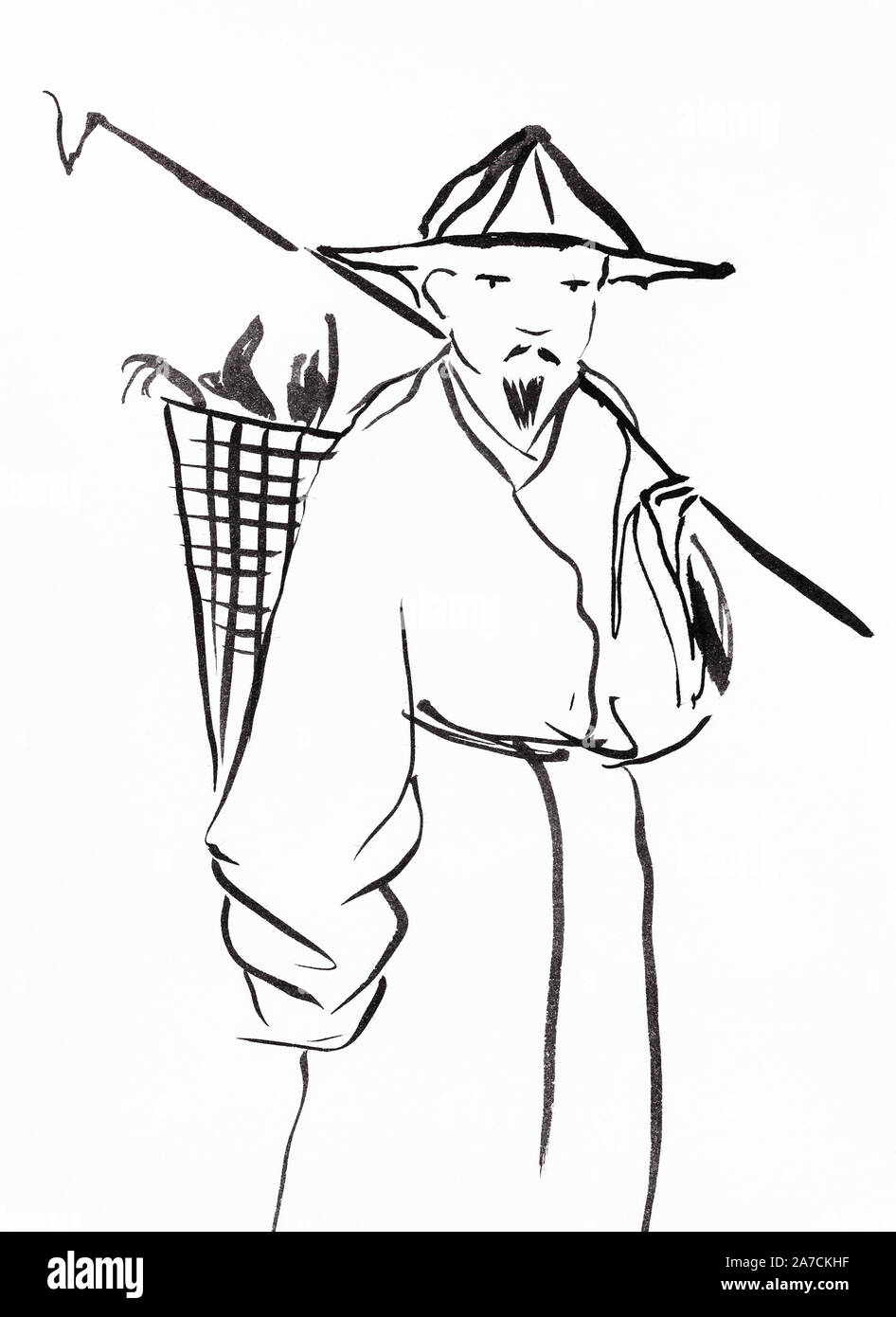 Paysan chinois avec panier sur la main arrière dessiné en style sumi-e par l'encre noire sur du papier blanc Banque D'Images