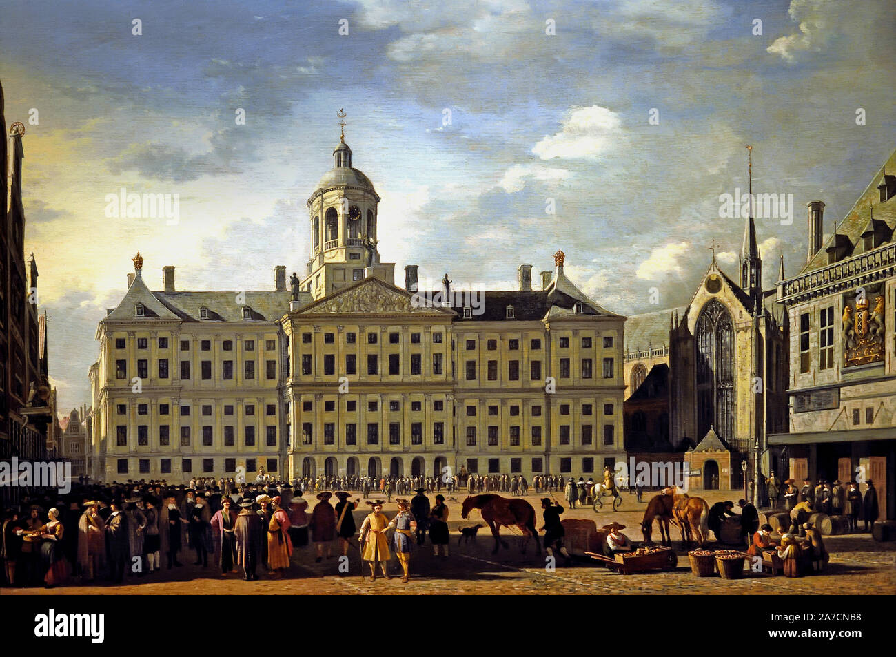 L'hôtel de ville sur la place du Dam, Amsterdam, 1672 par Gerrit Adriaensz. Berckheyde 1638-1698 , les Pays-Bas, le néerlandais, l'Hollande. (L'hôtel de ville d'Amsterdam (aujourd'hui le Palais Royal) sur la place du Dam est considéré comme le plus important monument historique et culturel de l'âge d'Or hollandais. Le bâtiment symbolise la formidable croissance et développement que la ville a connu au cours du 17e siècle. Gerrit Berckheyde ici dépeint la mairie dans toute sa gloire, tout en transmettant l'agitation de la place principale de la ville.) Banque D'Images