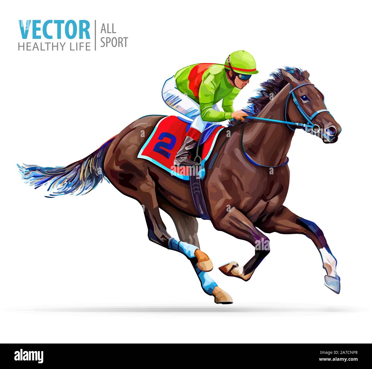 Jockey sur course de chevaux. Le sport. Champion. Hippodrome. Hippodrome. Les sports équestres. Derby. La vitesse. Isolé sur fond blanc. Vector illustration Illustration de Vecteur