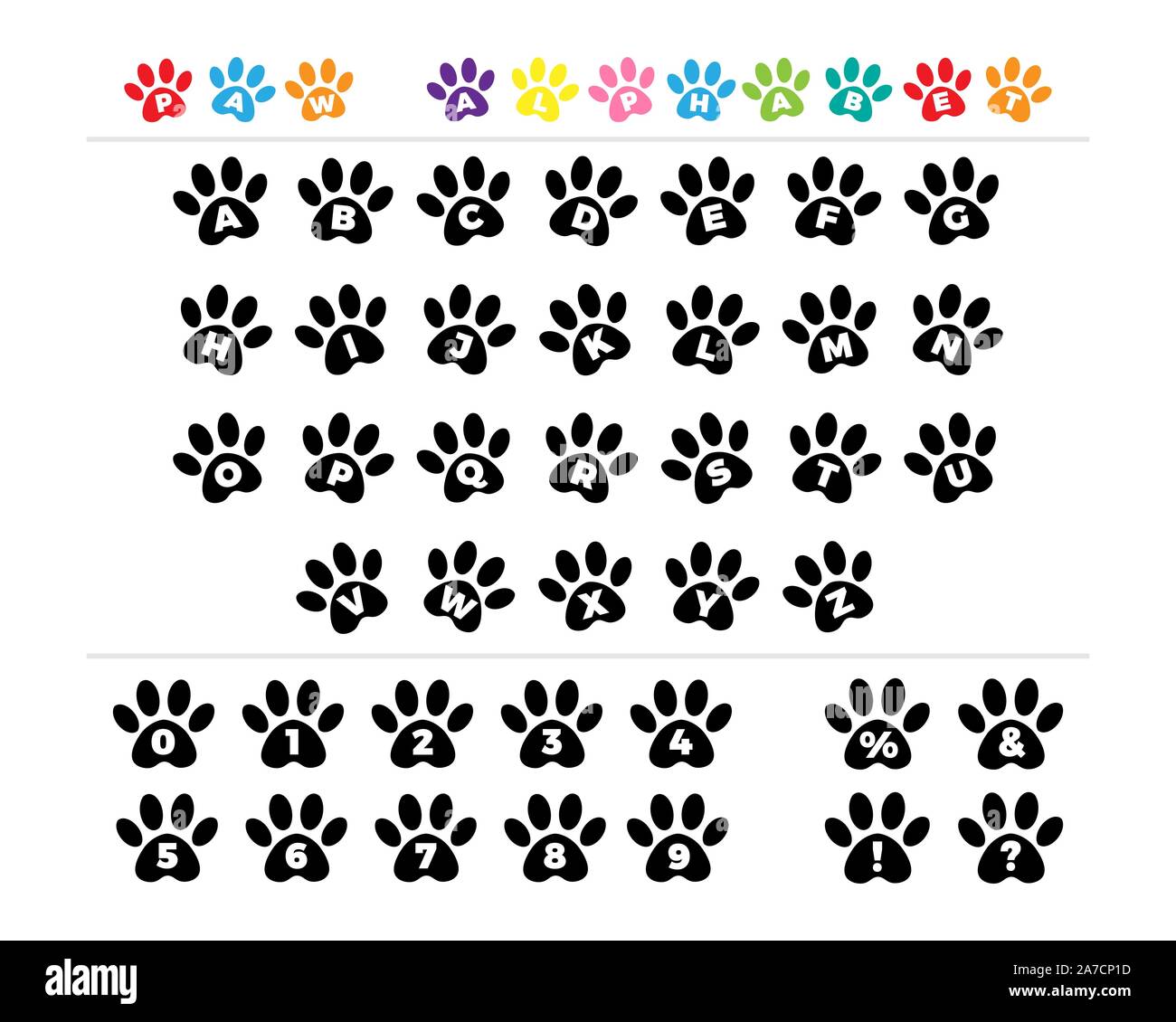 Vector black footprints alphabet. Typographie police avec empreintes de pattes d'animaux. Alphabet avec empreintes de pieds d'animaux. Illustration de Vecteur