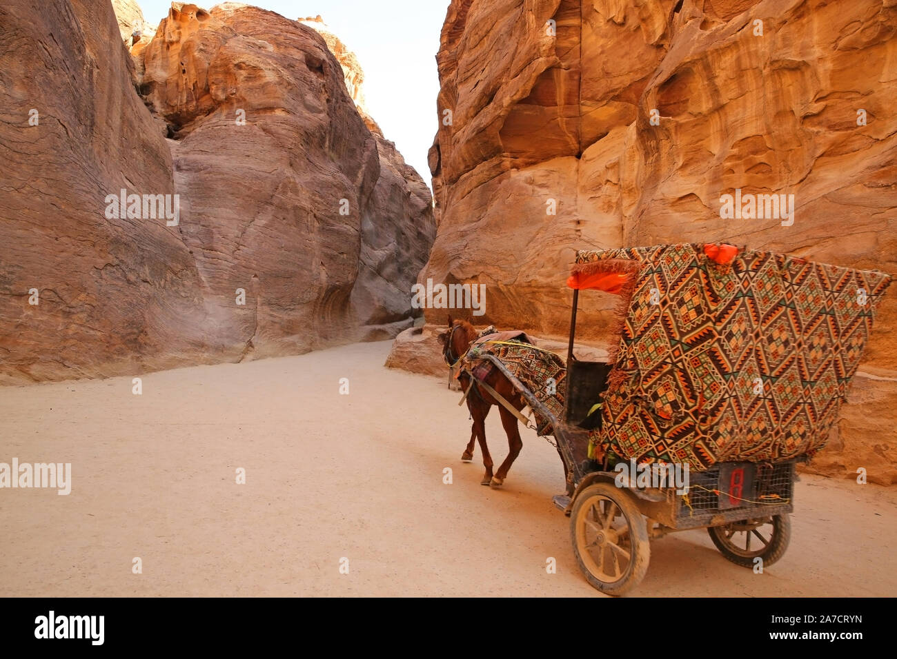 Horse & Panier voyageant le long du chemin à travers le siq, qui est l'étroite gorge passage que vous marchez le long d'atteindre Pétra, en Jordanie. Banque D'Images