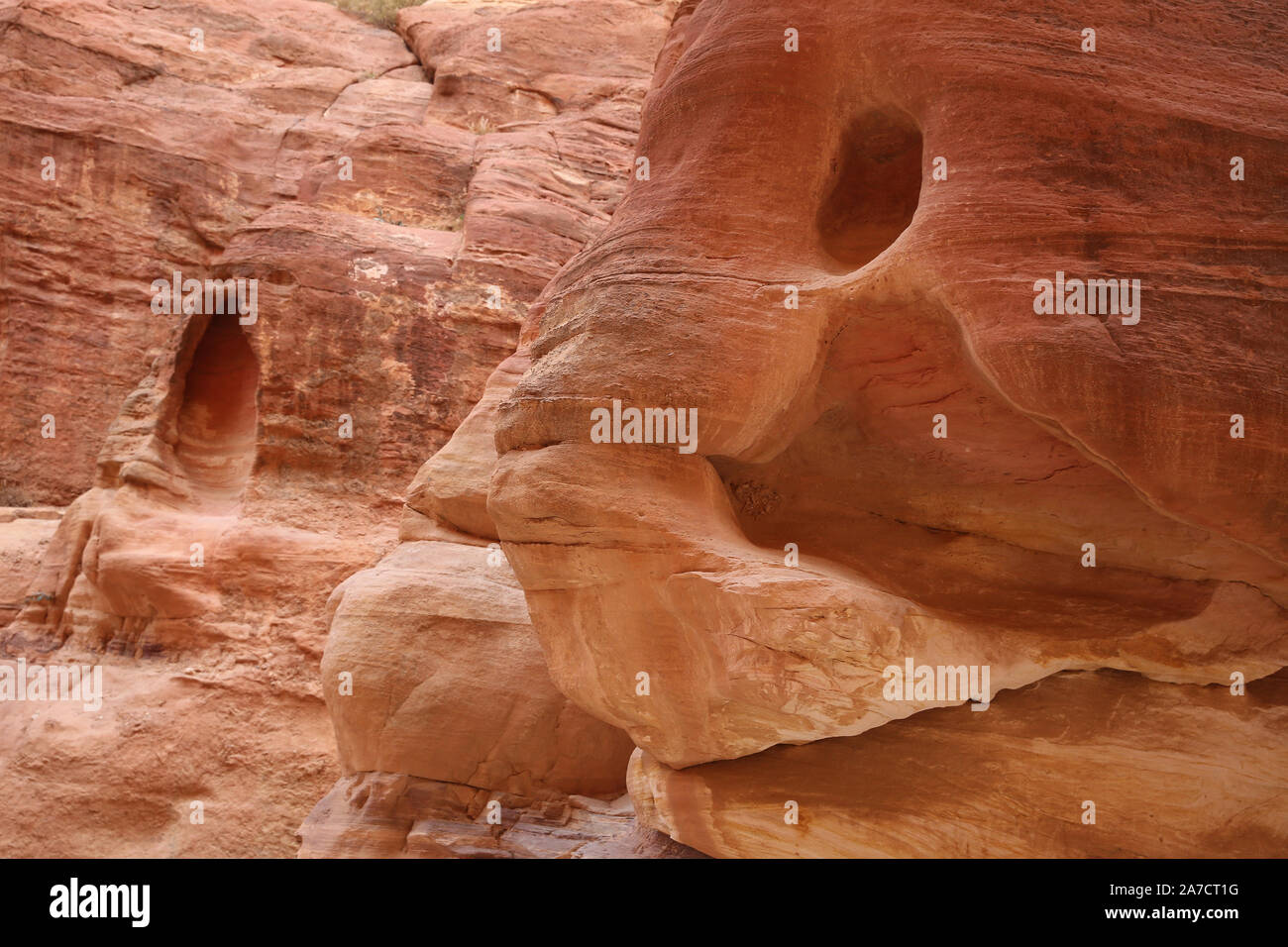Le Red Rock avec un visage et un œil, que vous descendiez le siq vers Petra, Jordanie. Banque D'Images