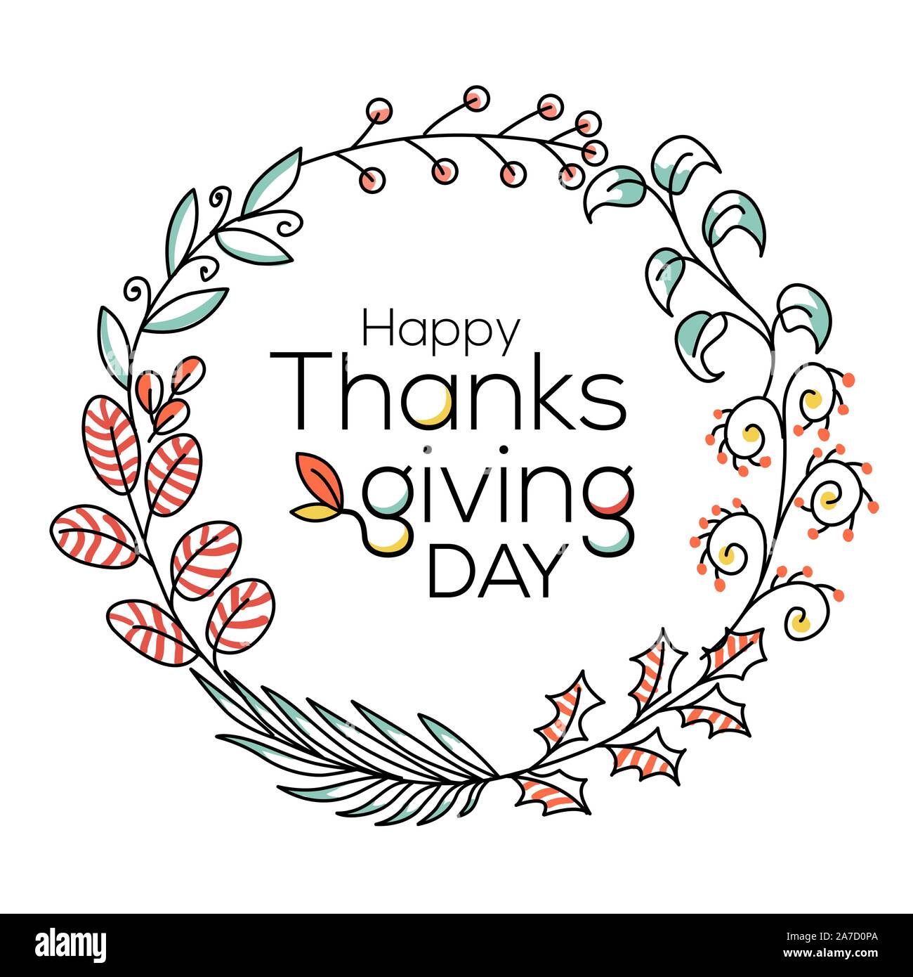 Hand drawn joyeux Thanksgiving typographie en automne wreath bannière. Texte célébration avec des baies et des feuilles de carte postale, l'icône ou d'un insigne. Vector Illustration de Vecteur