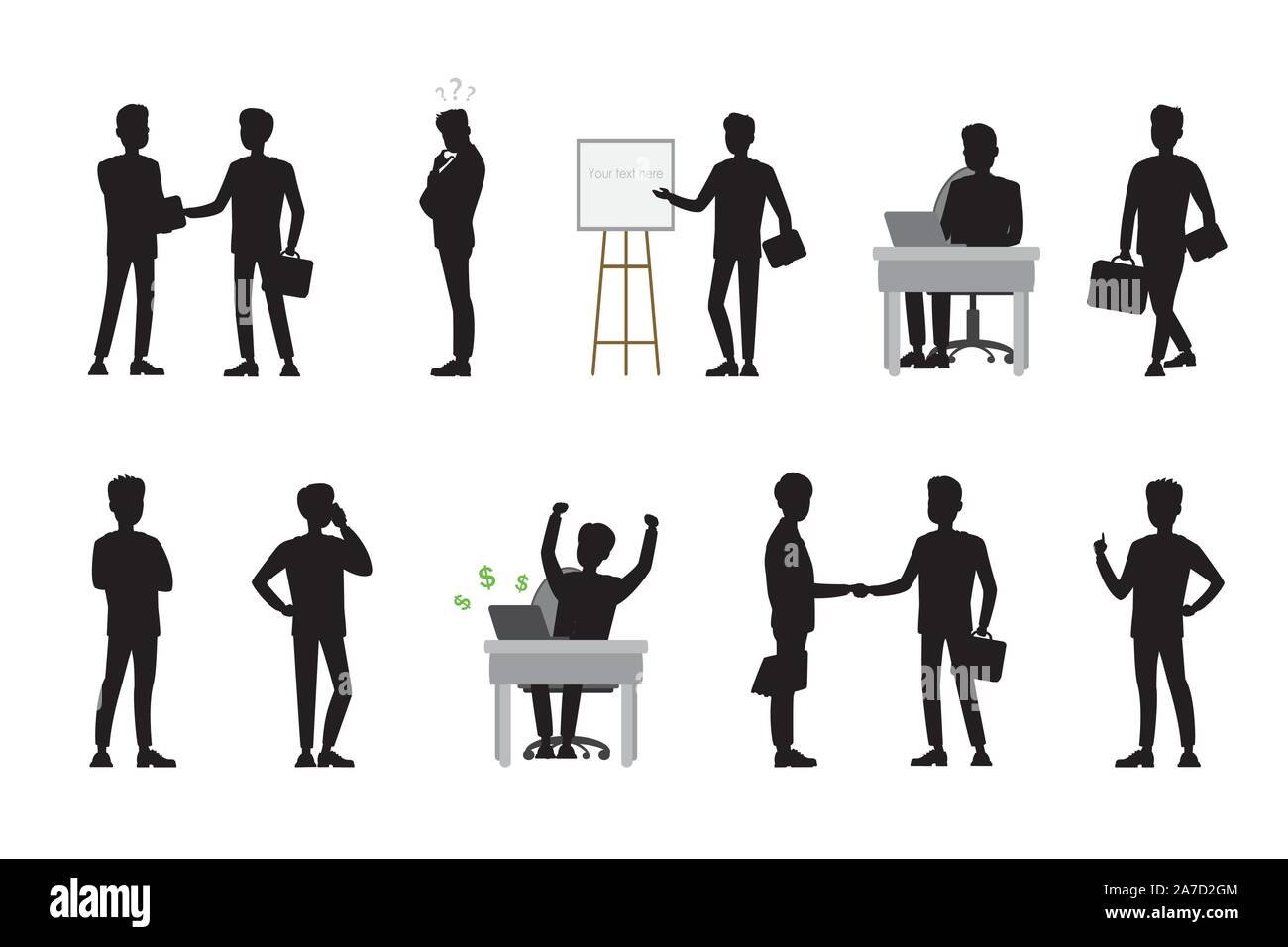 Silhouettes d'hommes d'affaires dans différentes poses et actions, isolé sur fond blanc,cartoon vector illustration. Illustration de Vecteur