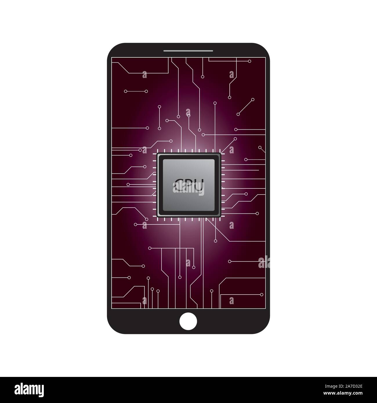 Smartphone moderne avec puce et microprocesseur principal,isolé sur fond blanc,cartoon vector illustration. Illustration de Vecteur