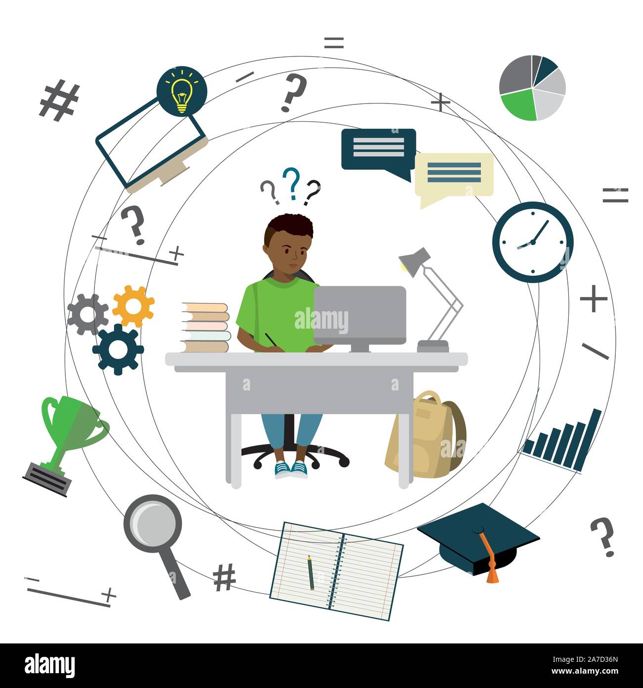 Cartoon african american teenager garçon assis à la table et d'étudier, apprendre l'icônes, vector illustration Illustration de Vecteur