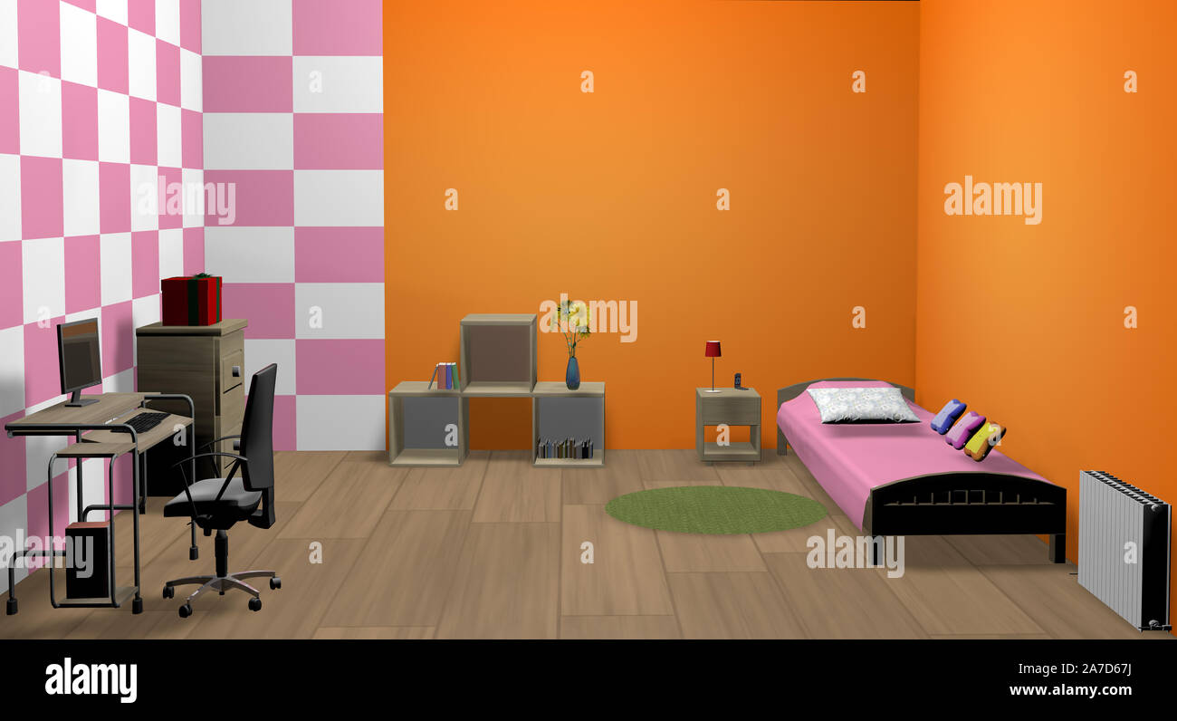 Fille 3d chambre avec lit, table, chaise et autres meubles Banque D'Images