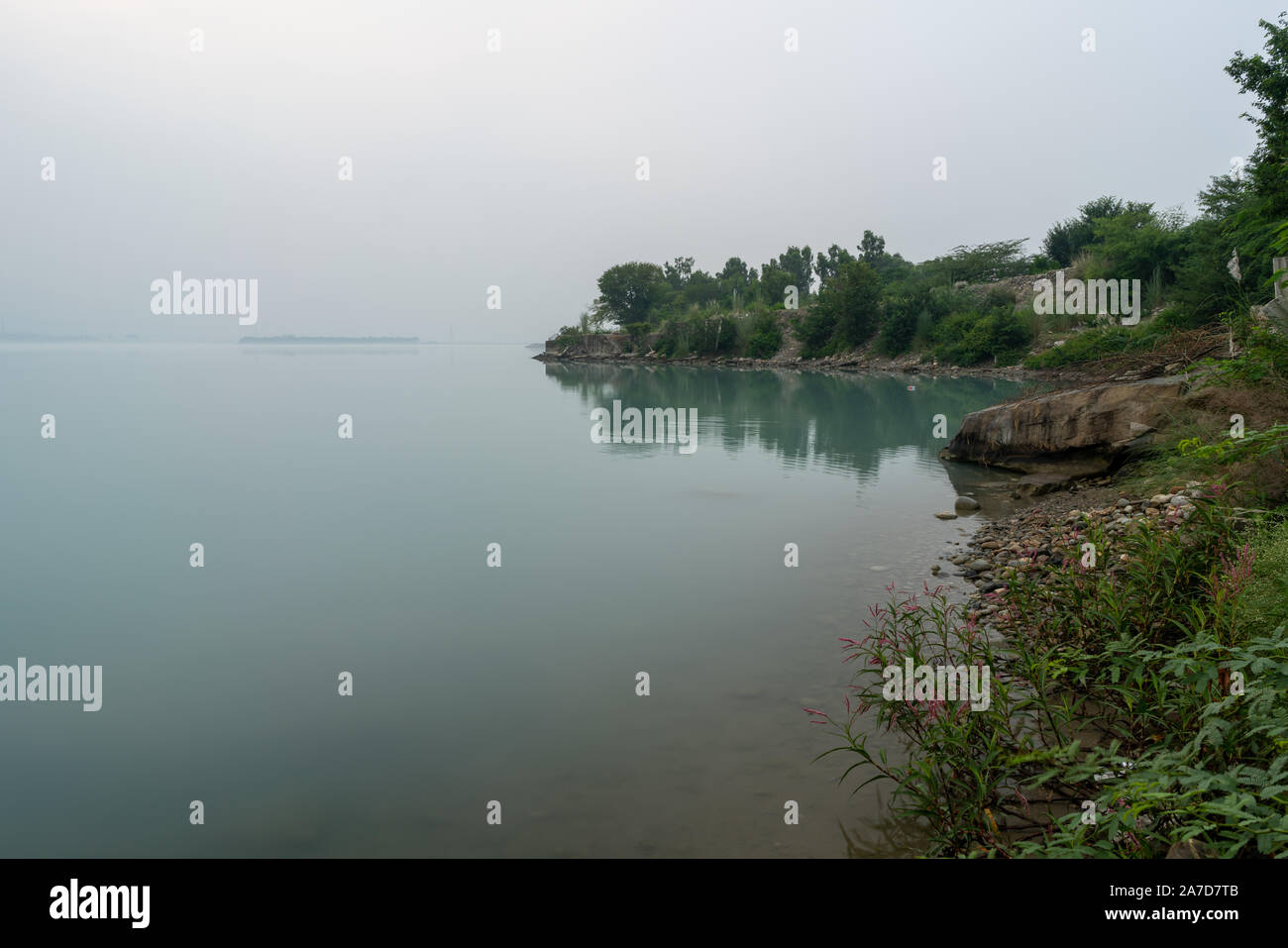 Matin brumeux et la réflexion des arbres dans le Lac de Barrage de Tarbela Ghazi Banque D'Images