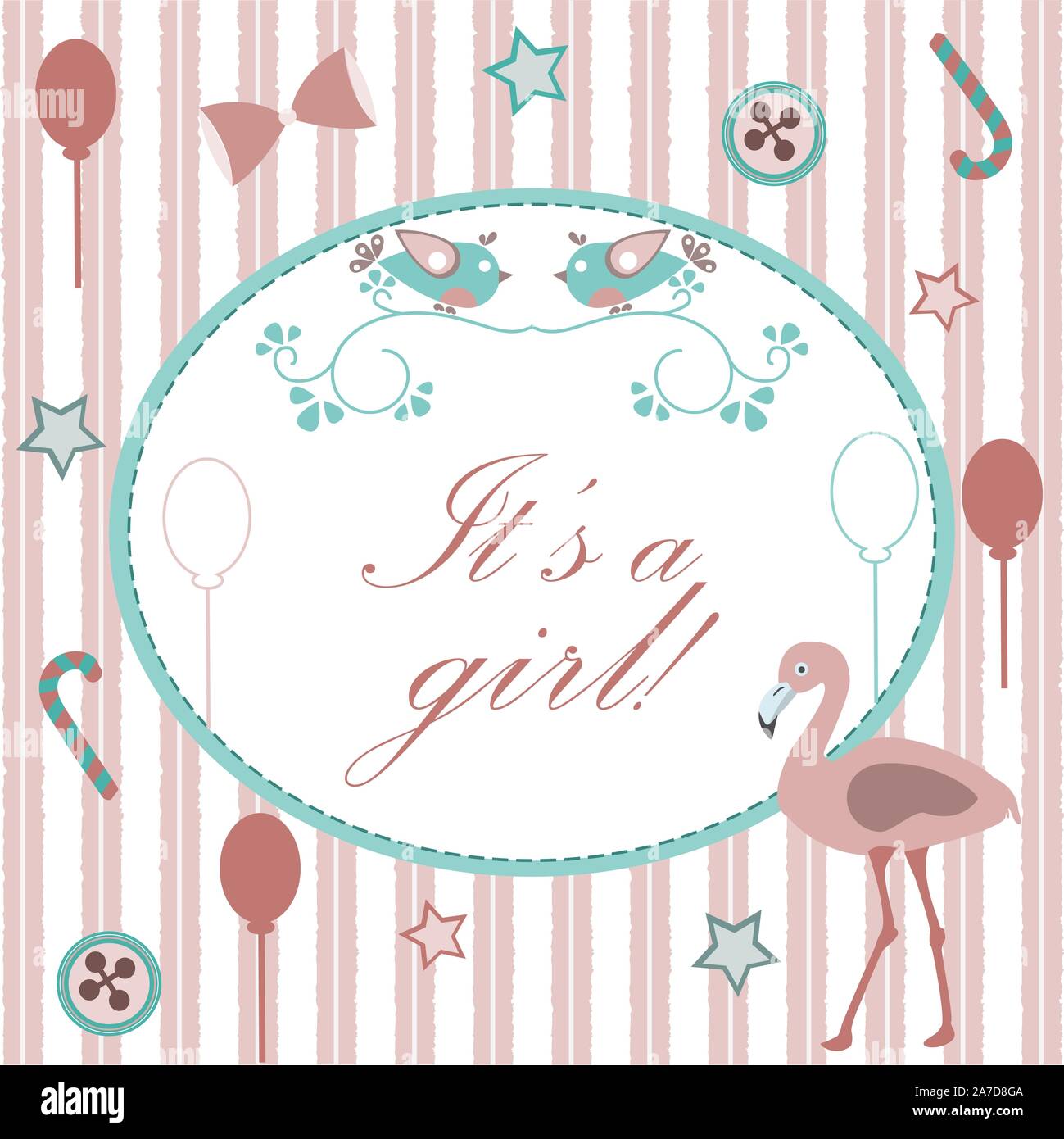 Avis de naissance de fille de bébé. Carte d'invitation de douche de bébé. Cute Pink Flamingo Bird annonce l'arrivée d'une petite fille. Carte rétro Design. Pink Backg Illustration de Vecteur