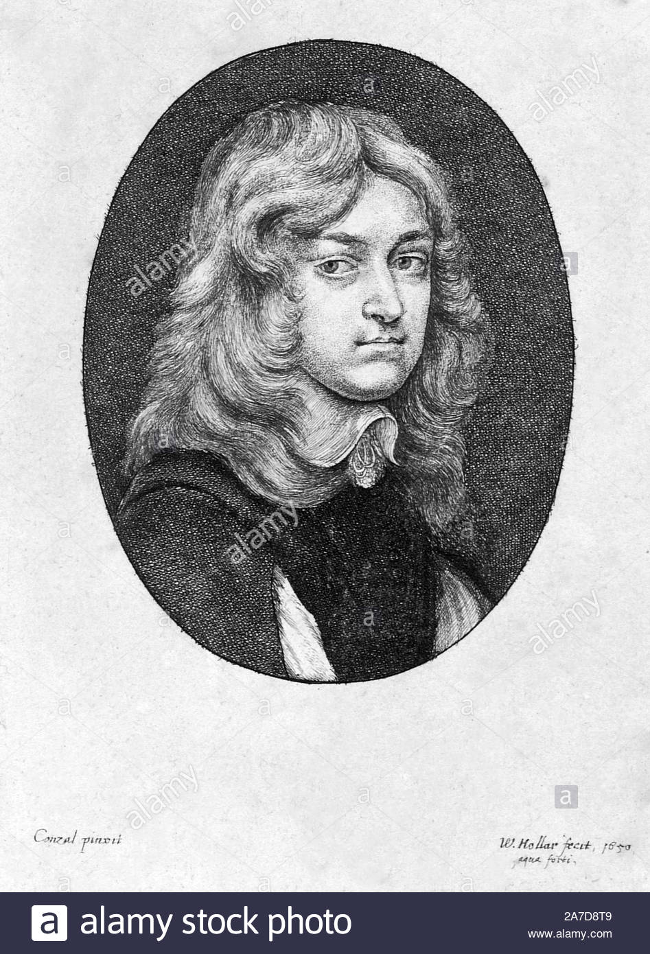 Sir Samuel Morland portrait, 1 baronnet, 1625 - 1695, était un universitaire anglais, diplomate, espion, inventeur et mathématicien du 17e siècle, un polymathe crédité de début de l'évolution de l'informatique, l'hydraulique et de la puissance de la vapeur, gravure d'aquafortiste de Bohême Venceslas Hollar à partir de 1600 Banque D'Images