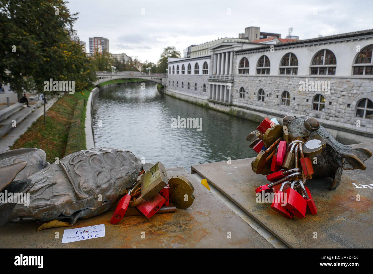 L'amour des serrures à la Fishermen's Bridge, plus Mesarski, Ljubljana, Slovénie Banque D'Images