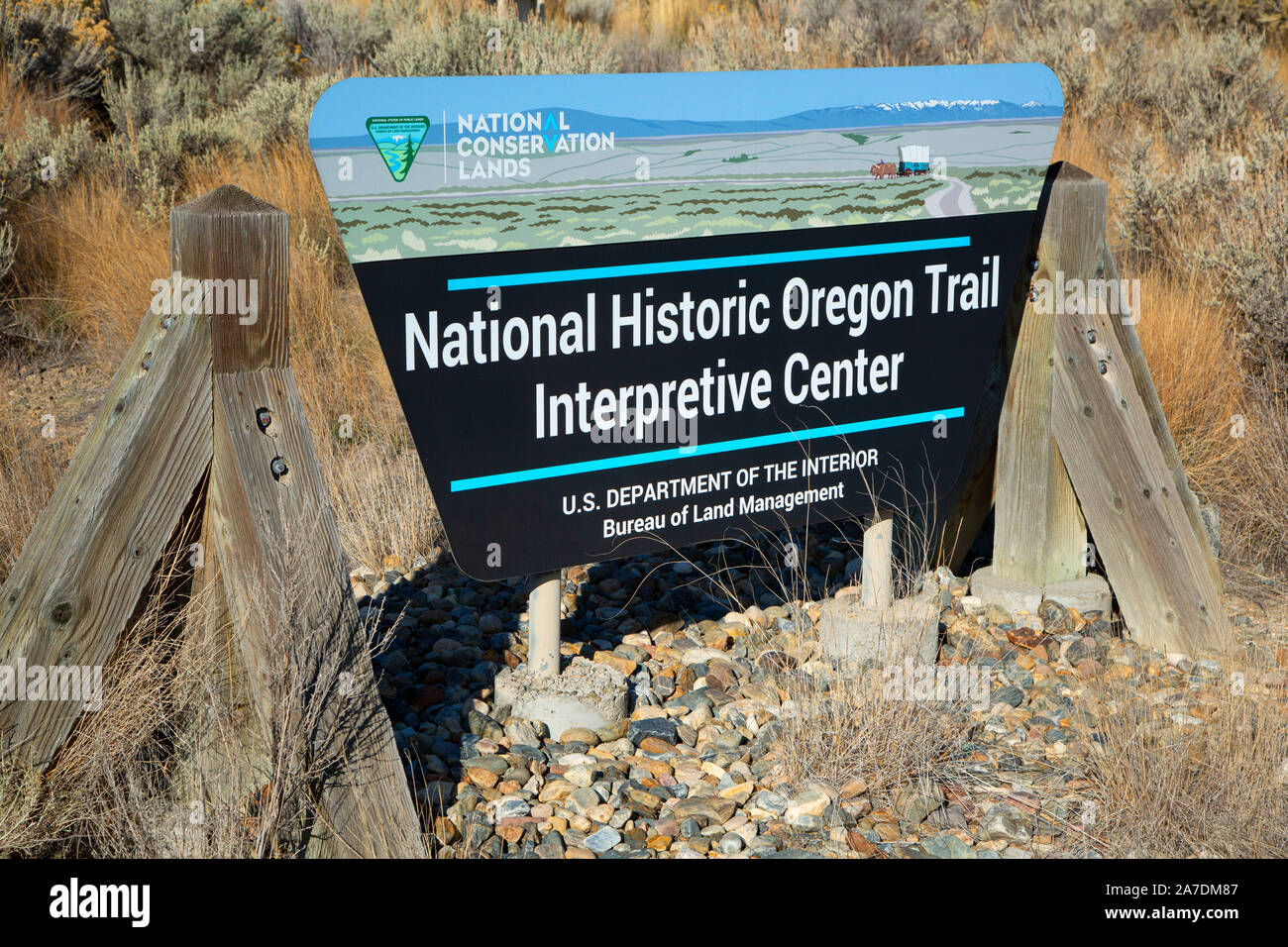 Panneau d'entrée, National Historic Oregon Trail Interpretive Center, Oregon Trail National Historic Trail, Hells Canyon National Scenic Byway, Oregon Banque D'Images