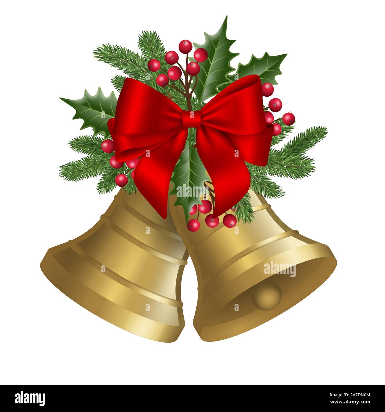 Christmas Bells avec arc rouge, feuilles et baies de houx et des branches de pins Illustration de Vecteur