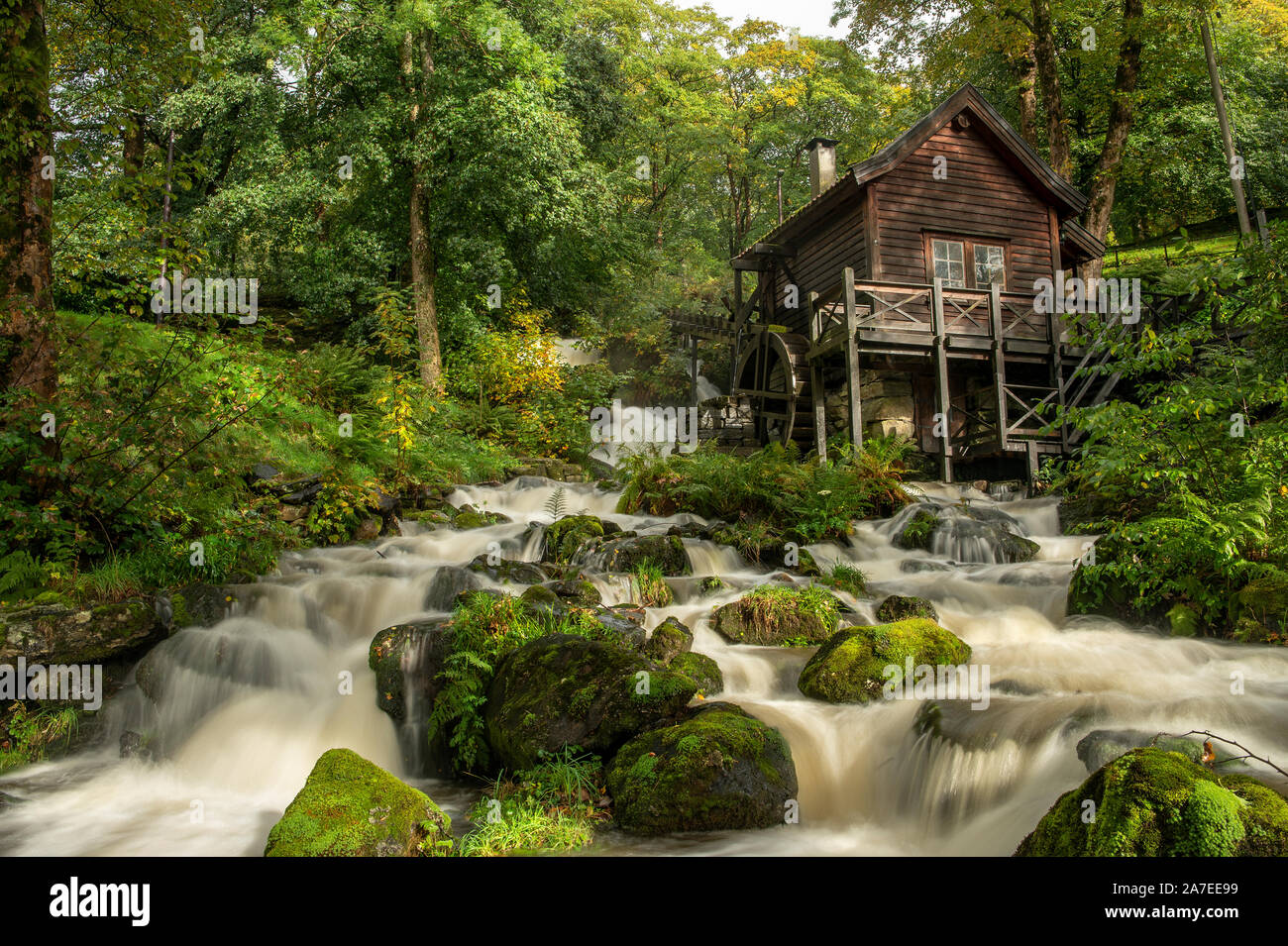 Ancien moulin à eau dans un écrin de forêt avec une rivière en cascade. Tourné avec de lents shutterspeed donnant une waterstream brouillée. Avec du soleil en été. Banque D'Images