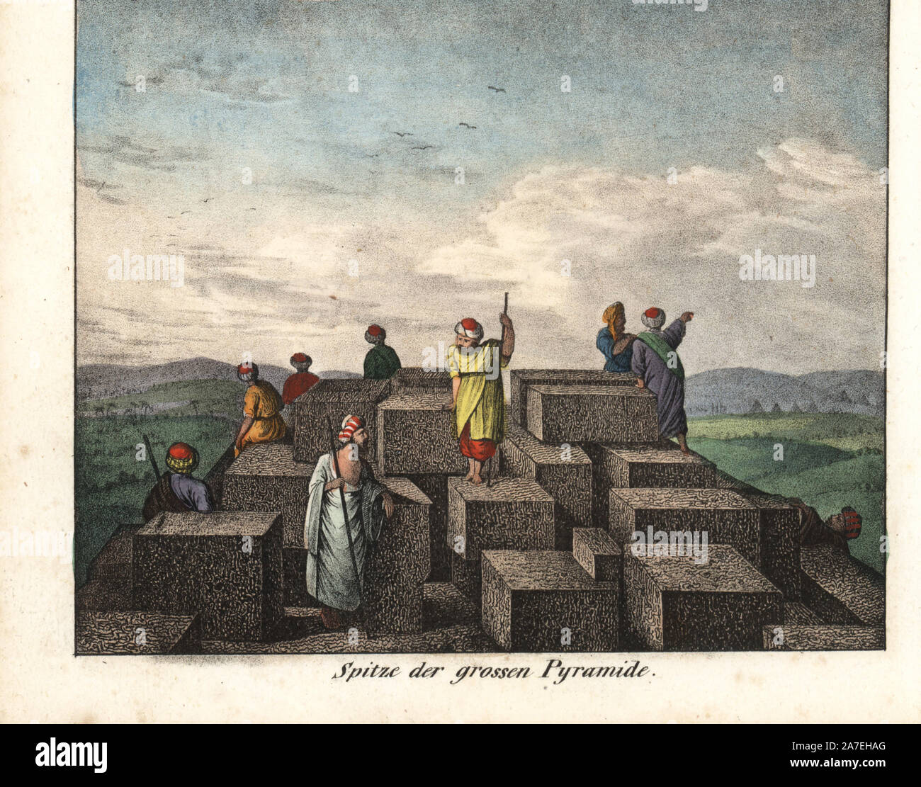 Sommet de la grande pyramide de Gizeh, en Égypte, avec des hommes en turbans et peignoirs portant des bâtons sur les pierres d'escalade. Lithographie coloriée de Friedrich Wilhelm Goedsche Vollstaendige Völkergallerie « dans getreuen Abbildungen' (Galerie complète des peuples autochtones en vrai photos), Meissen, circa 1835-1840. Goedsche (1785-1863) était un écrivain allemand, libraire et éditeur à Meissen. La plupart des illustrations ont été adaptés à partir de Bertuch's 'Bilderbuch fur Kinder' et d'autres. Banque D'Images