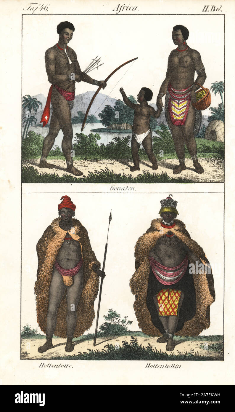 Natifs de Gona (Angola) ci-dessus, l'homme avec l'arc et la flèche, femme  avec enfant, tablier perlé en pagne, et Khoikhoi homme en cape de fourrure  avec une lance et Khoikhoi femme en